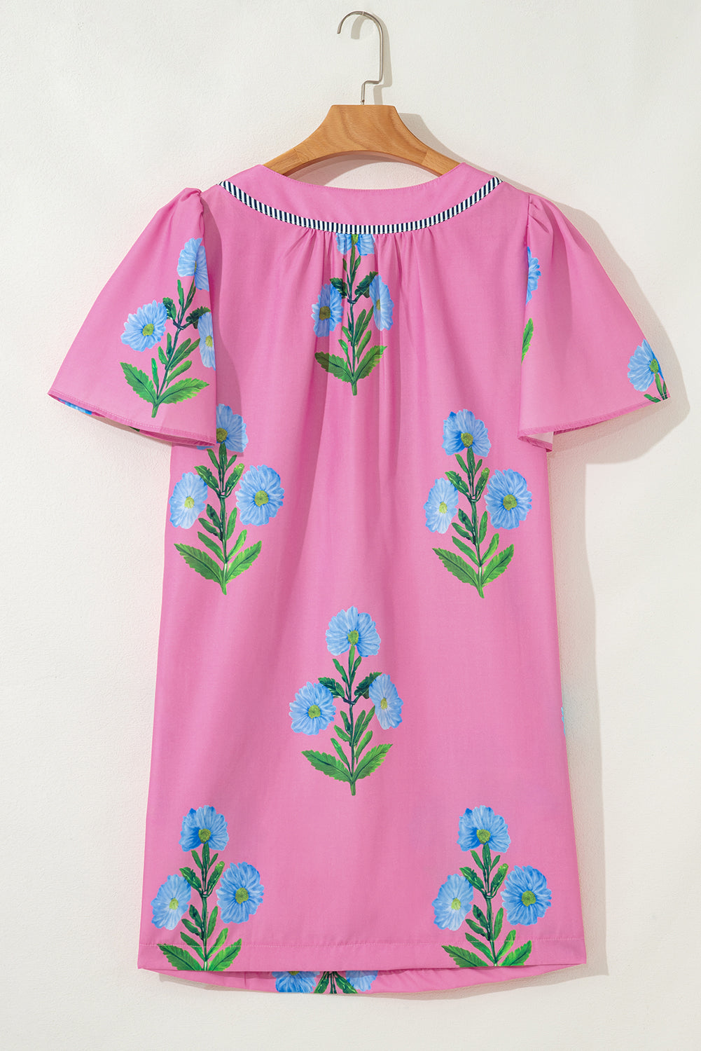 Striped Trim Short Sleeve Floral Mini Dress