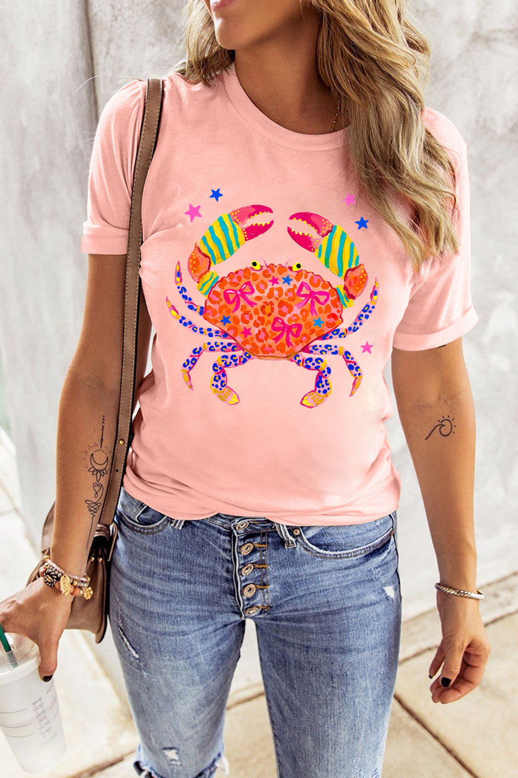 Crab Print Casual Round Neck T Shirt
