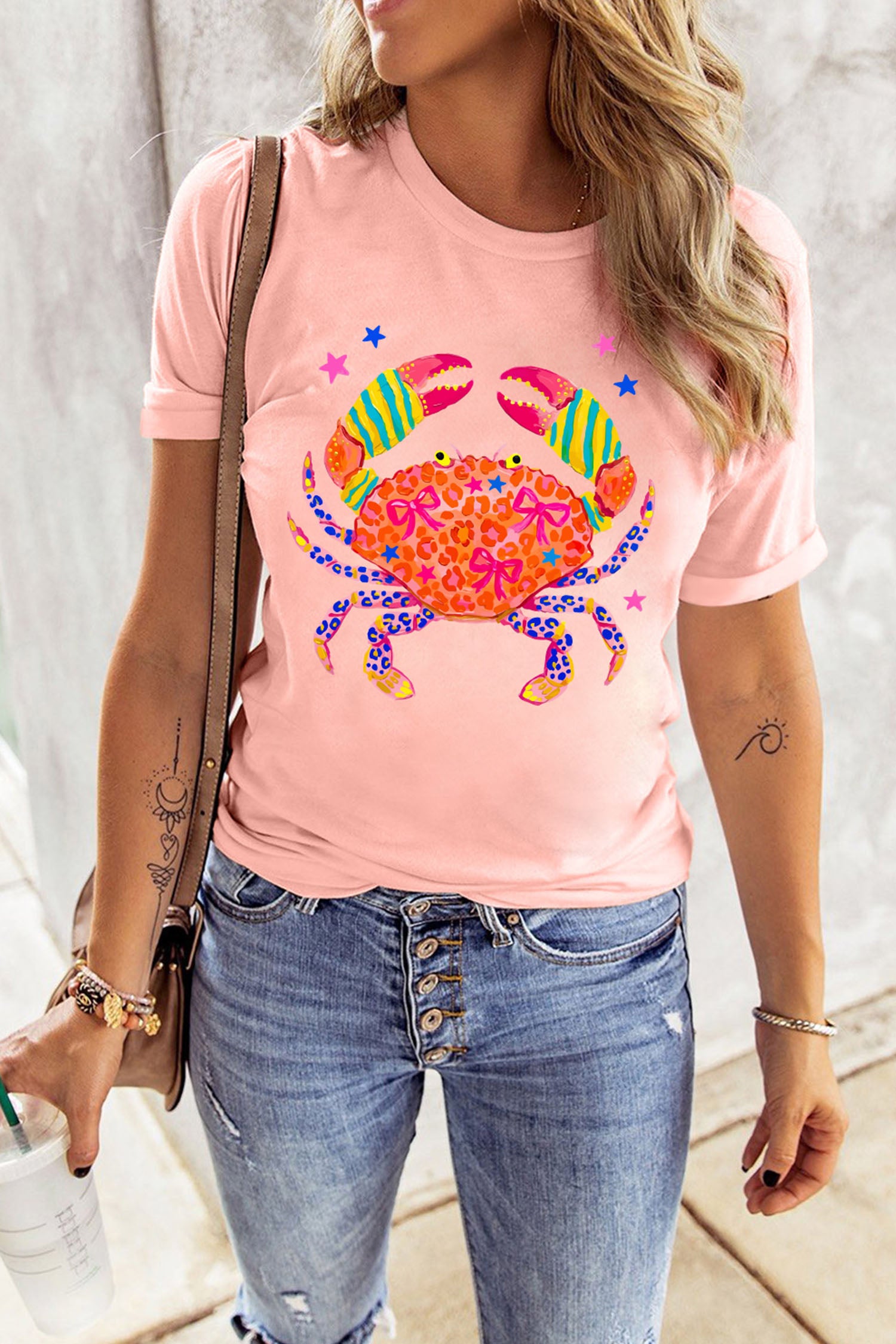 Crab Print Casual Round Neck T Shirt