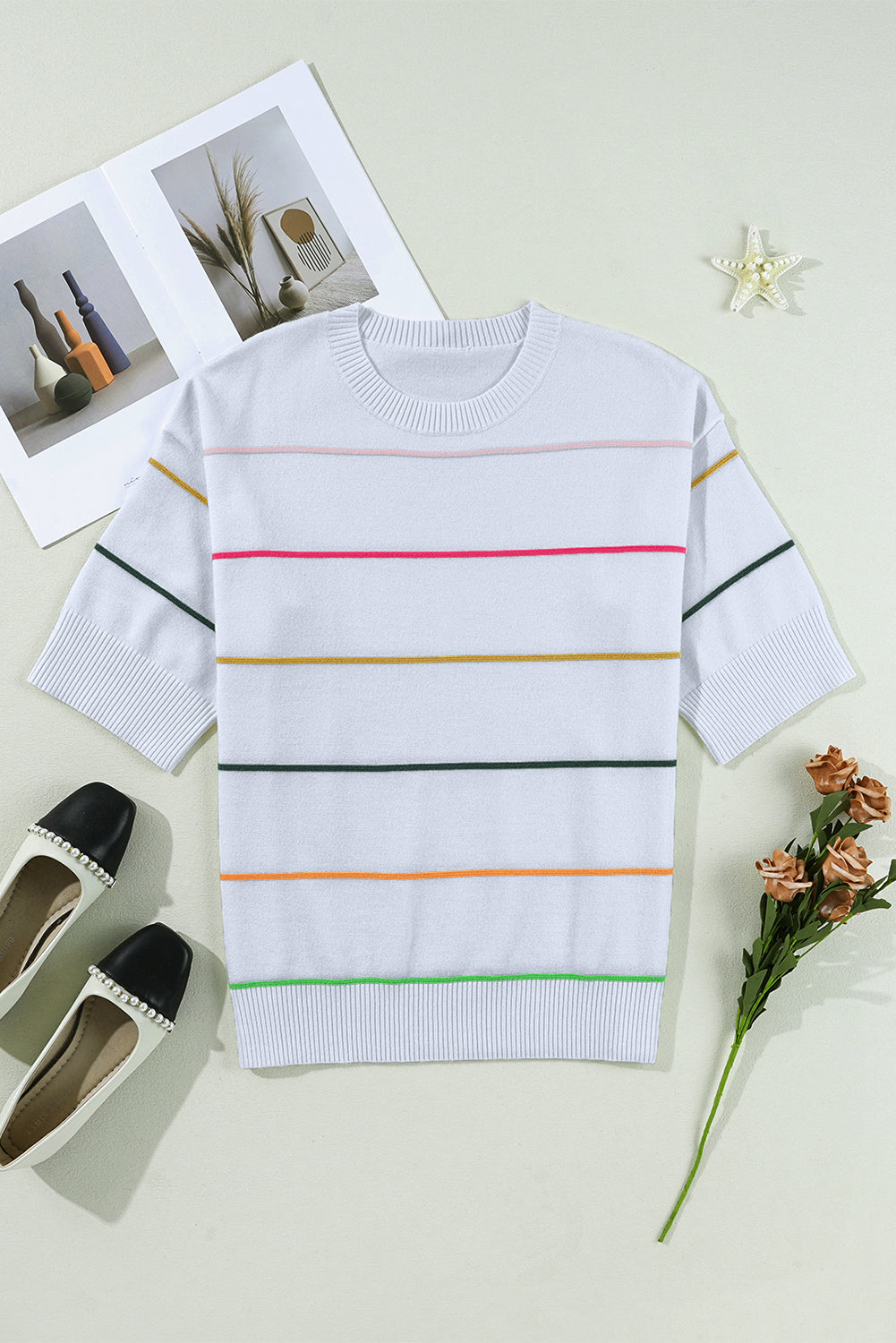 Striped Half Sleeve Drop Shoulder Sweater