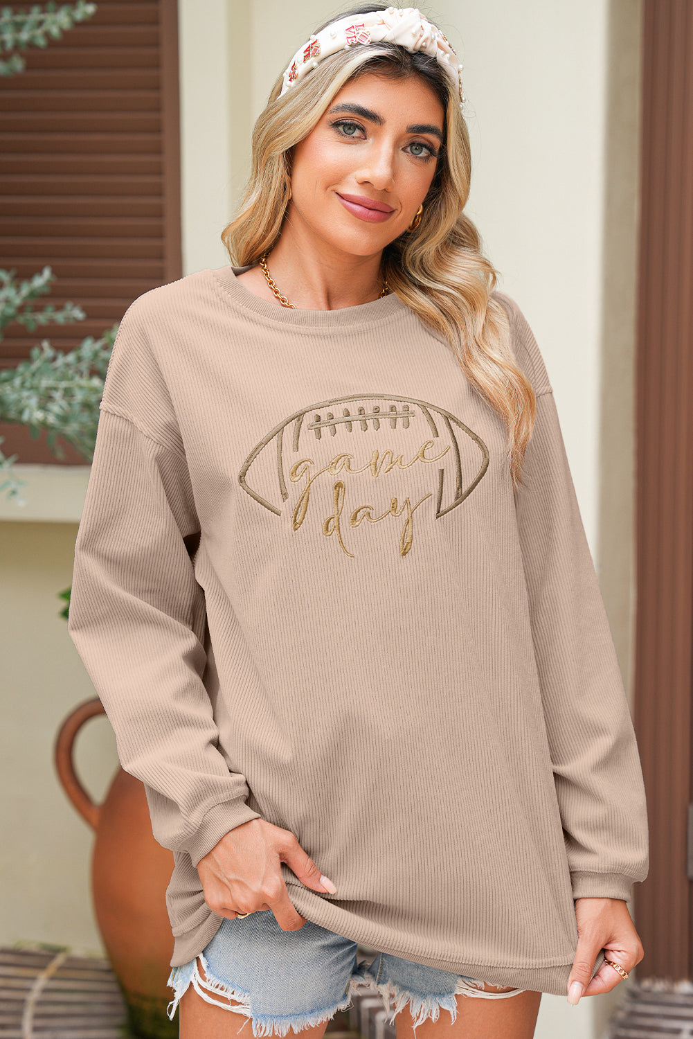 Game Day Embroidered Corded Sweatshirt