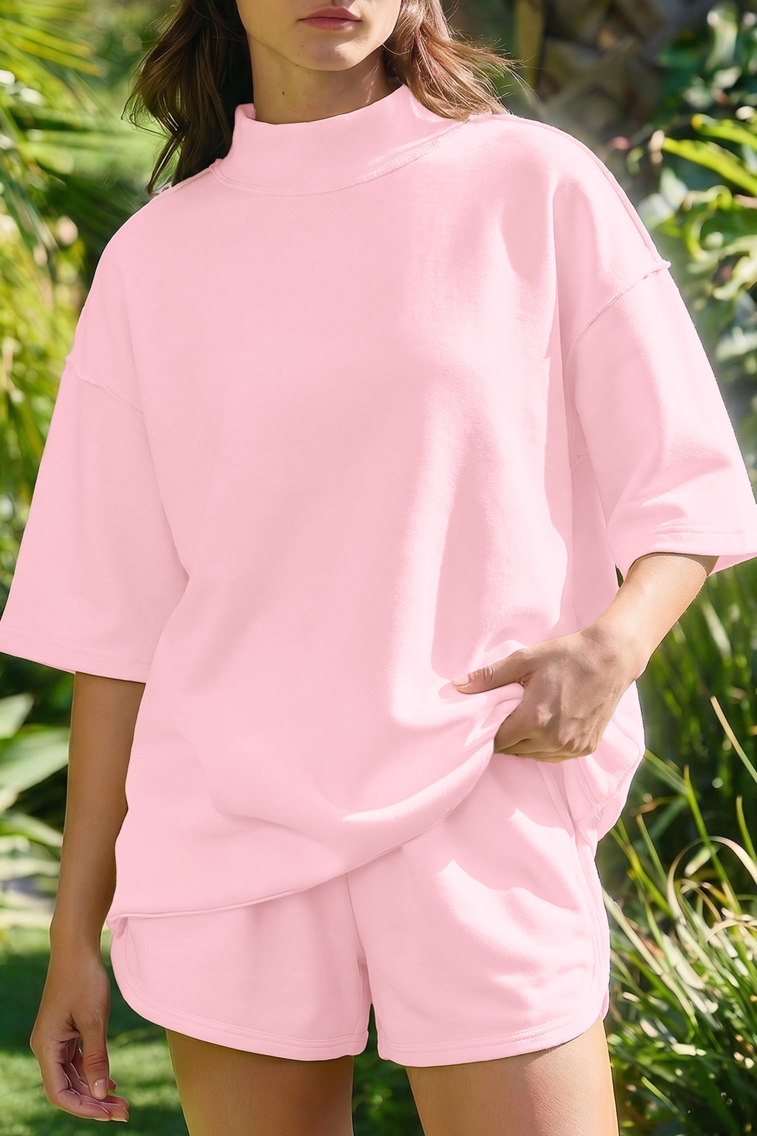 YSolid Color Seam Mock Neck 2 Piece Set