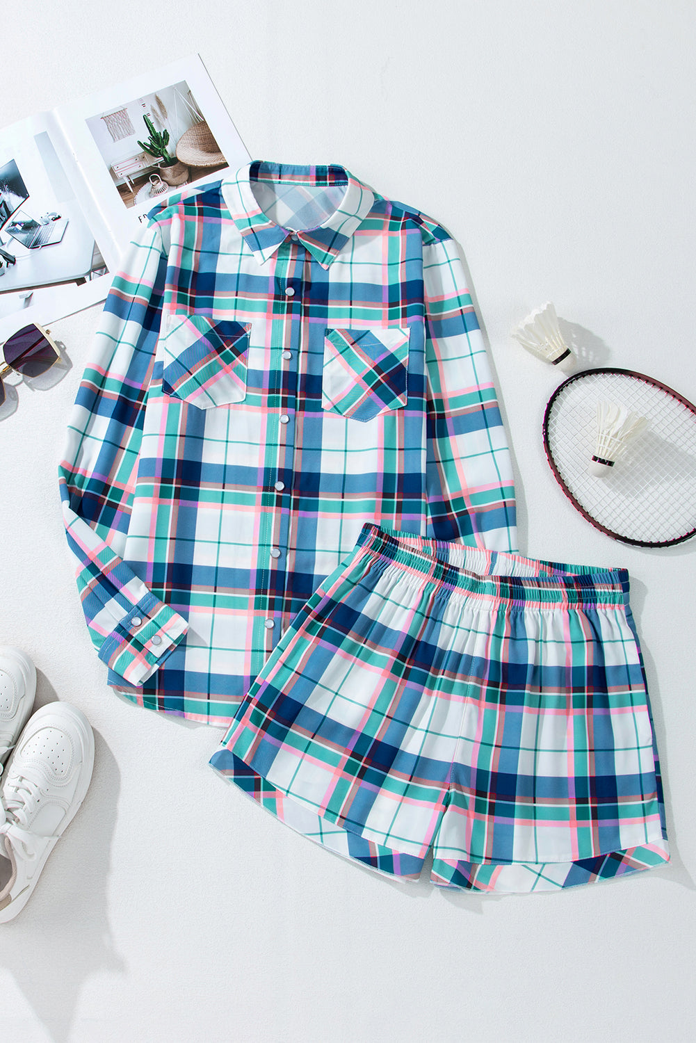 Plaid Shirt and Shorts Pajama Set
