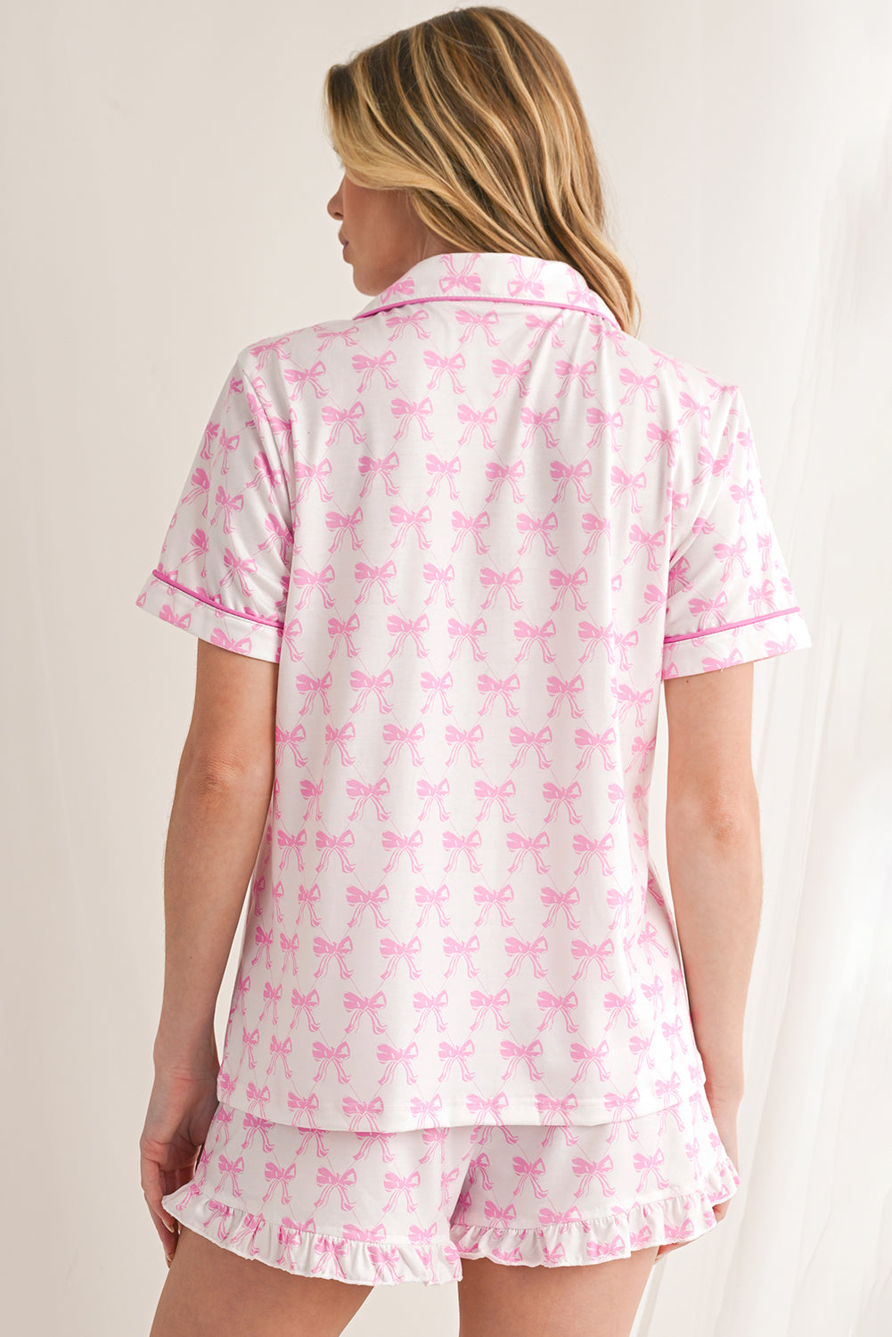 Bow Shirt and Ruffle Hem Shorts Pajama Set