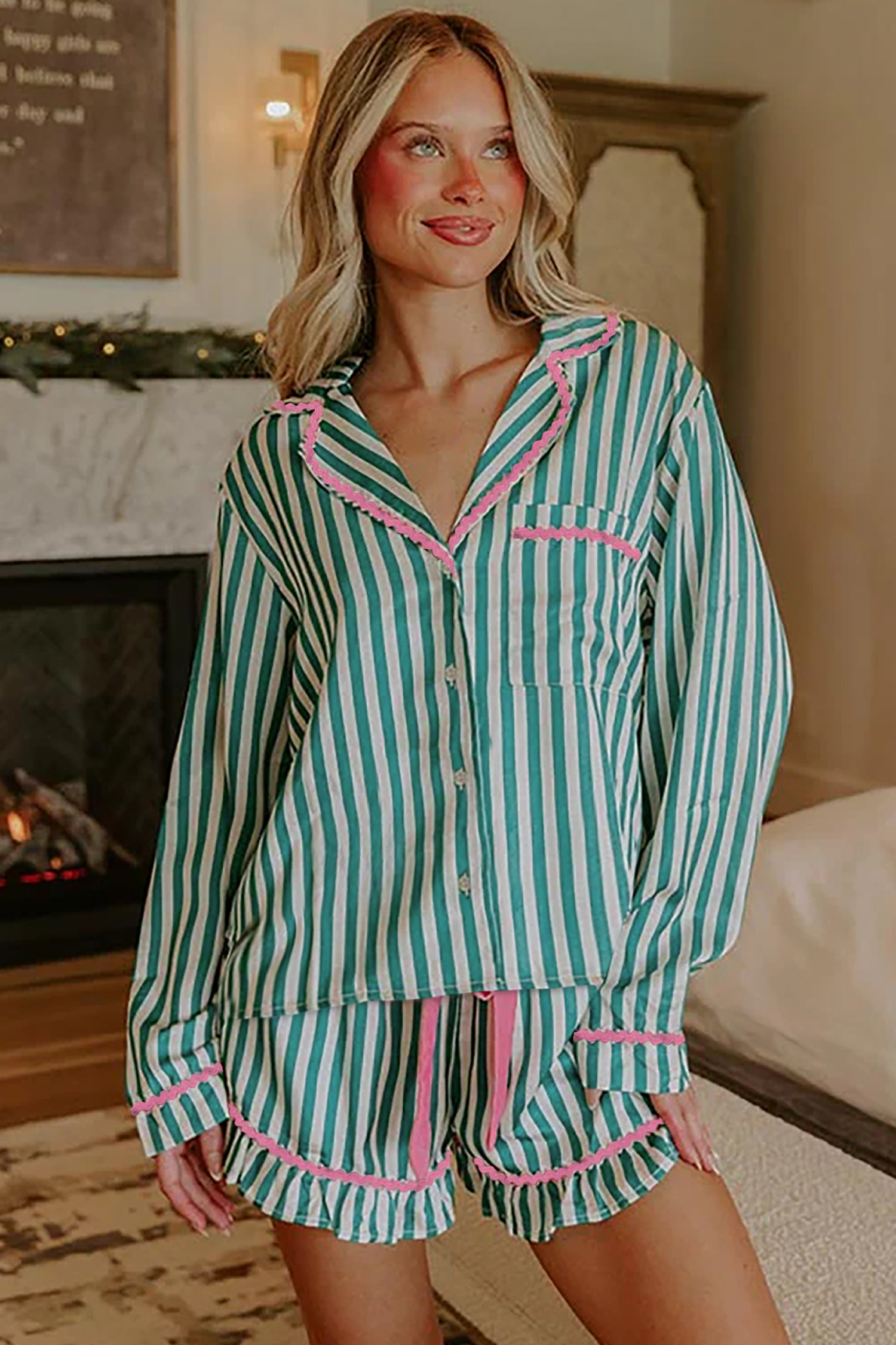 Long Sleeve Shirt Drawstring Ruffled Pajama Short Set