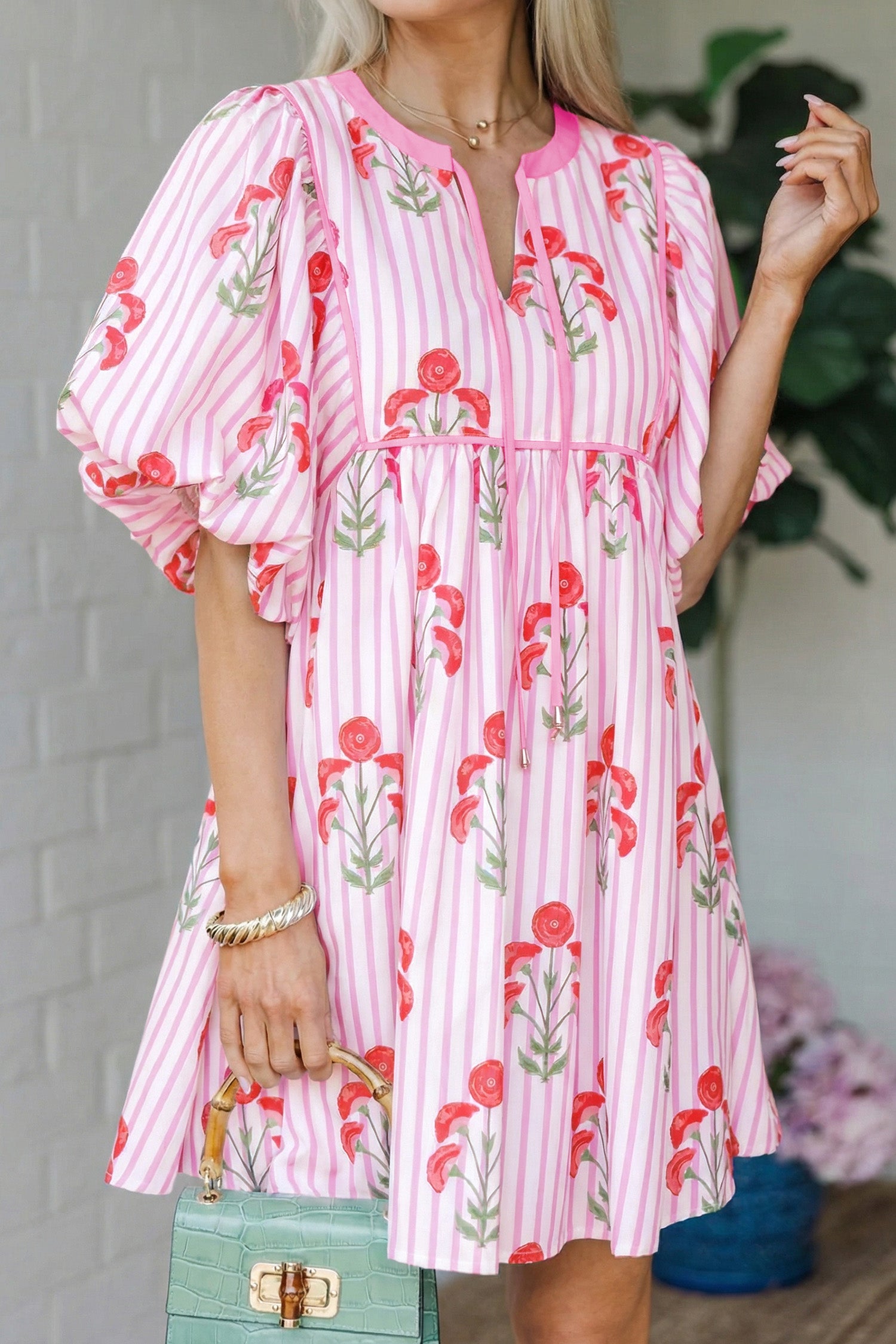 Floral Striped Print Tie Notched Neck Puff Sleeve Flared Mini Dress