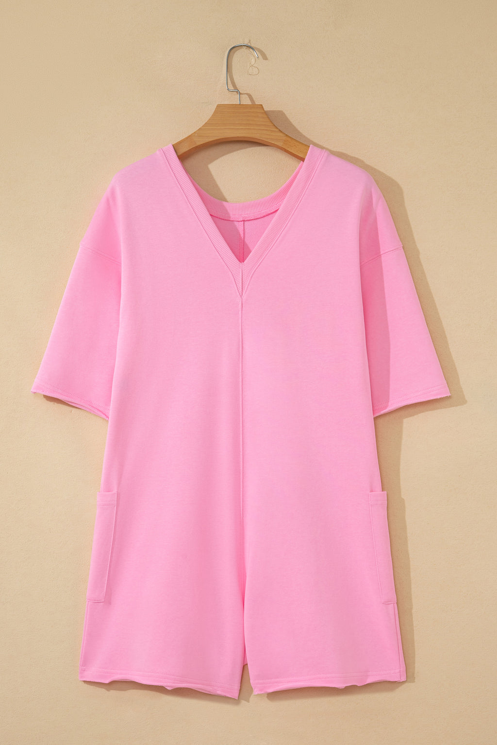Fiery Red Solid Color Raw Edge Half Sleeve Pocketed Loose Romper