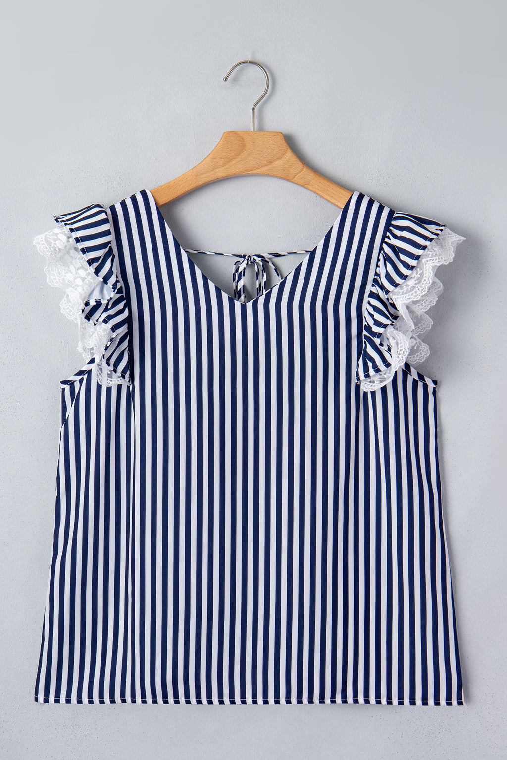 Stripe V Neck Lace Contrast Ruffle Trim Tank Top