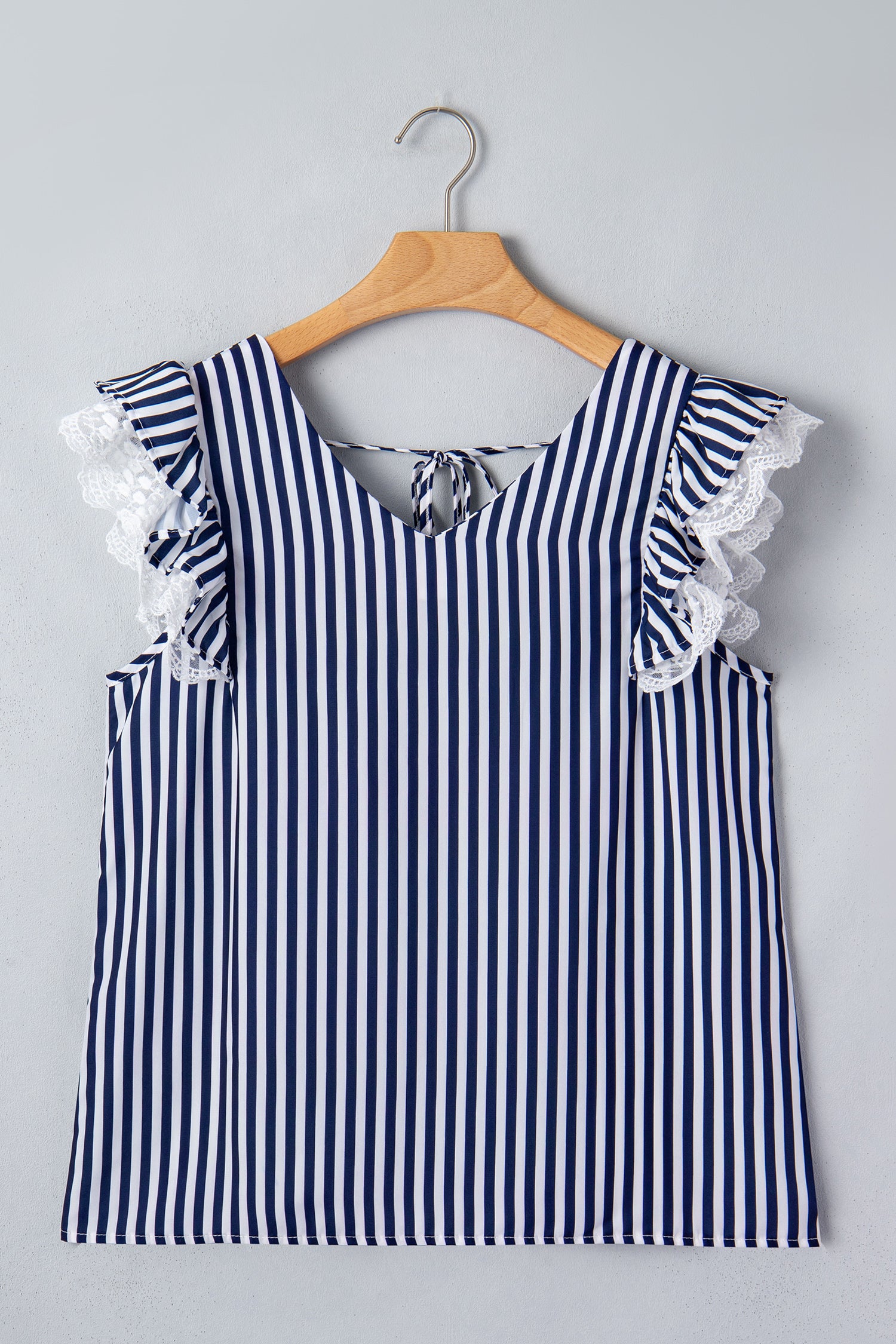 Stripe V Neck Lace Contrast Ruffle Trim Tank Top