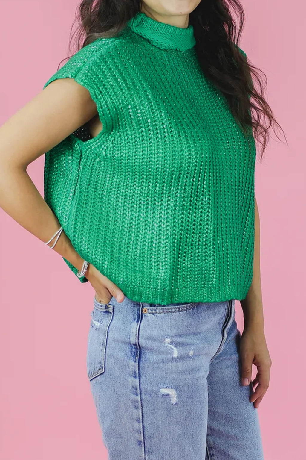 Wisteria Solid Color Knit High Neck Short Sleeve Sweater