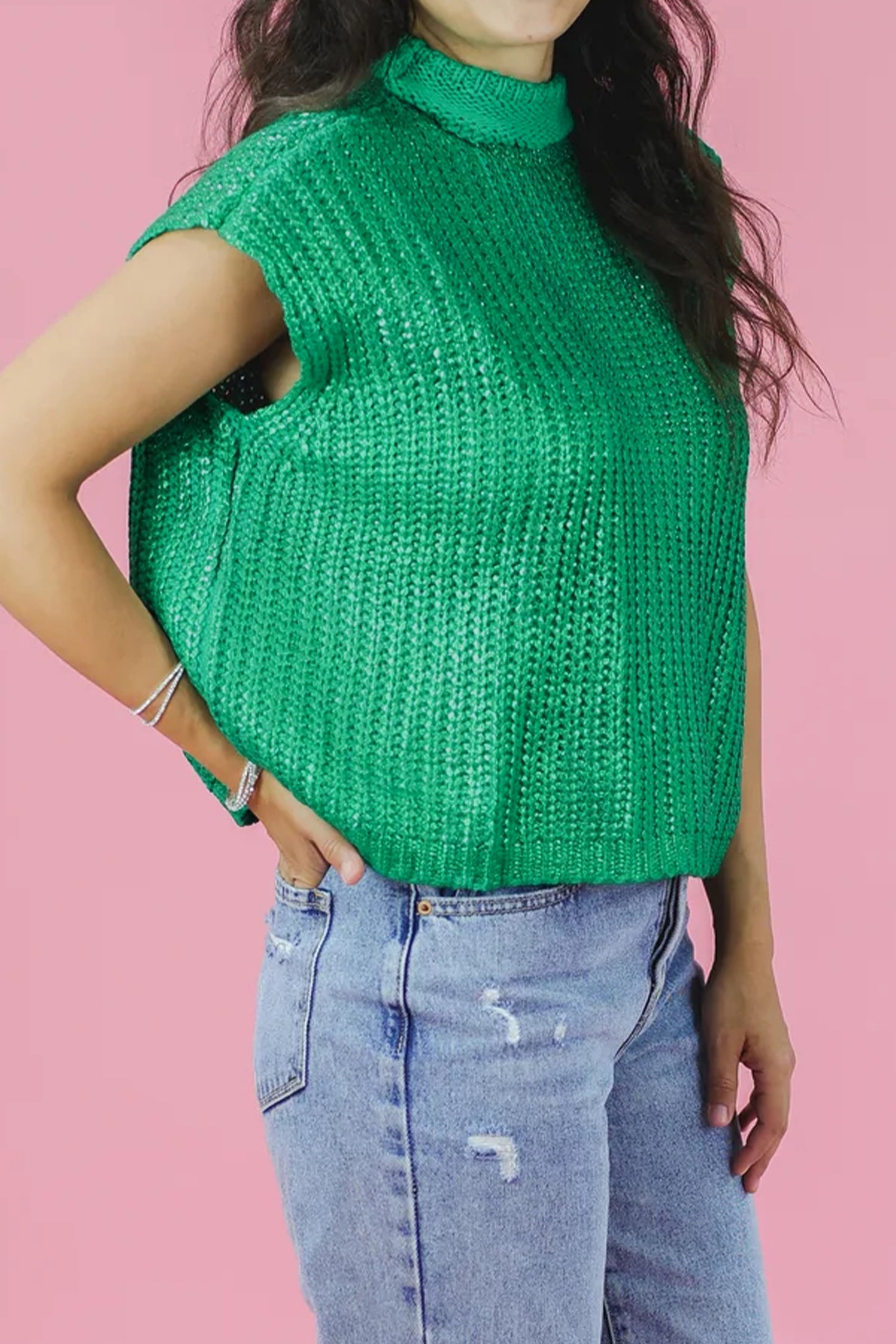 Wisteria Solid Color Knit High Neck Short Sleeve Sweater