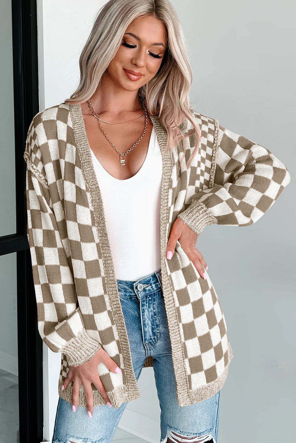 Checkered Open Front Drop Shoulder Cardigan