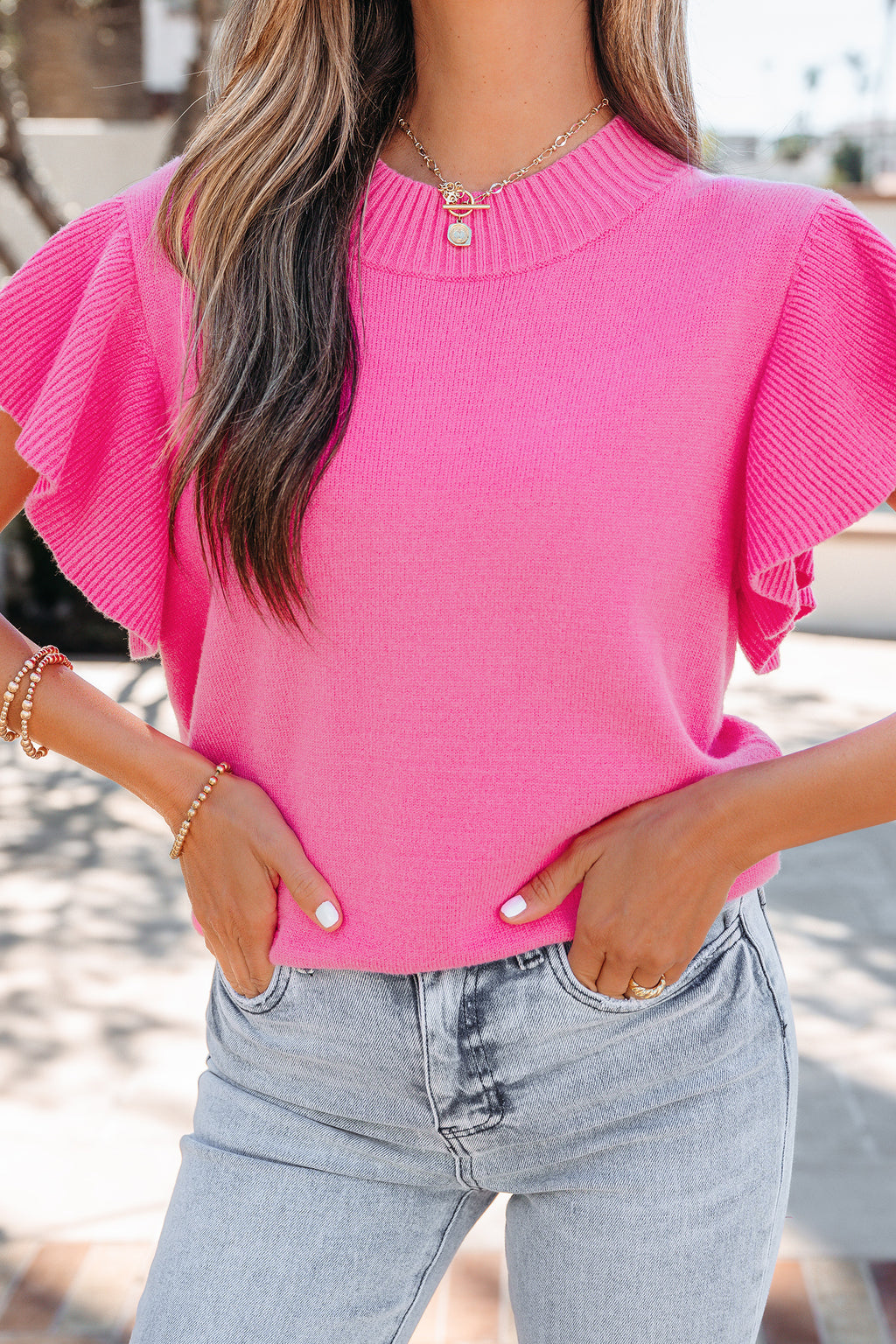 Ribbed Trim Ruffle Short Sleeve Sweater