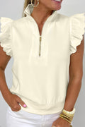 Zip up Collared Ruffled Short Sleeve Blouse