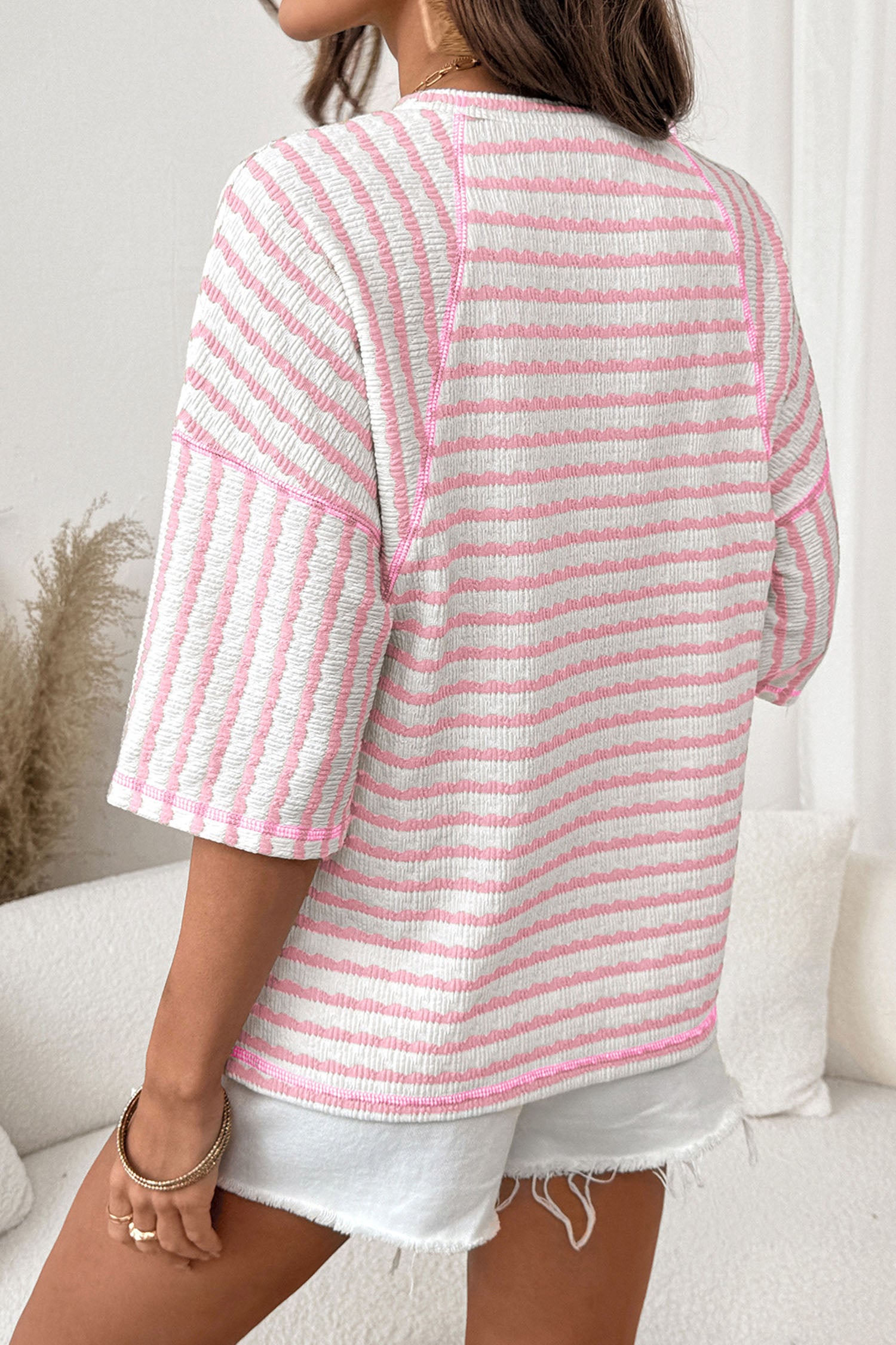 Apricot Stripe Textured Knit Split Hem Half Sleeve Loose Top