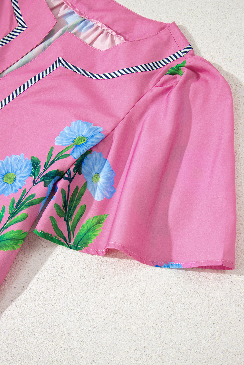 Striped Trim Short Sleeve Floral Mini Dress