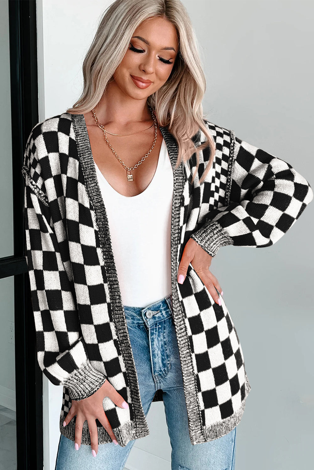Checkered Open Front Drop Shoulder Cardigan