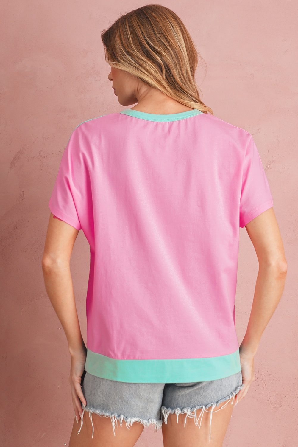 Pink Colorblock Half Buttons Henley T Shirt