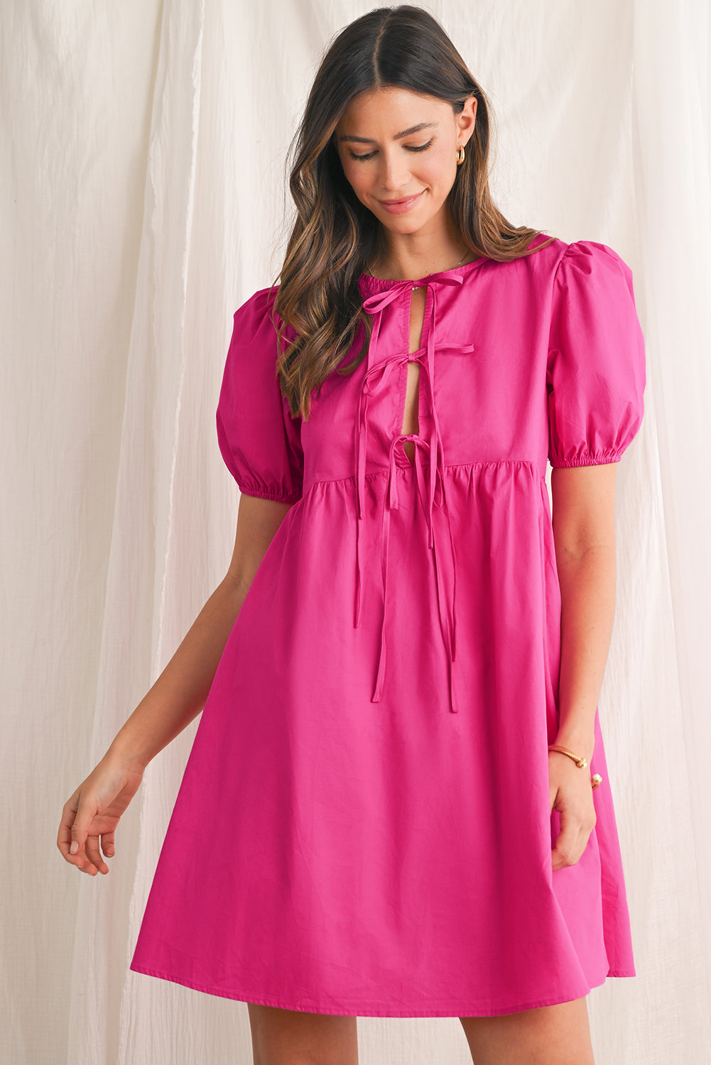 Tie Front Puff Sleeve Mini Dress