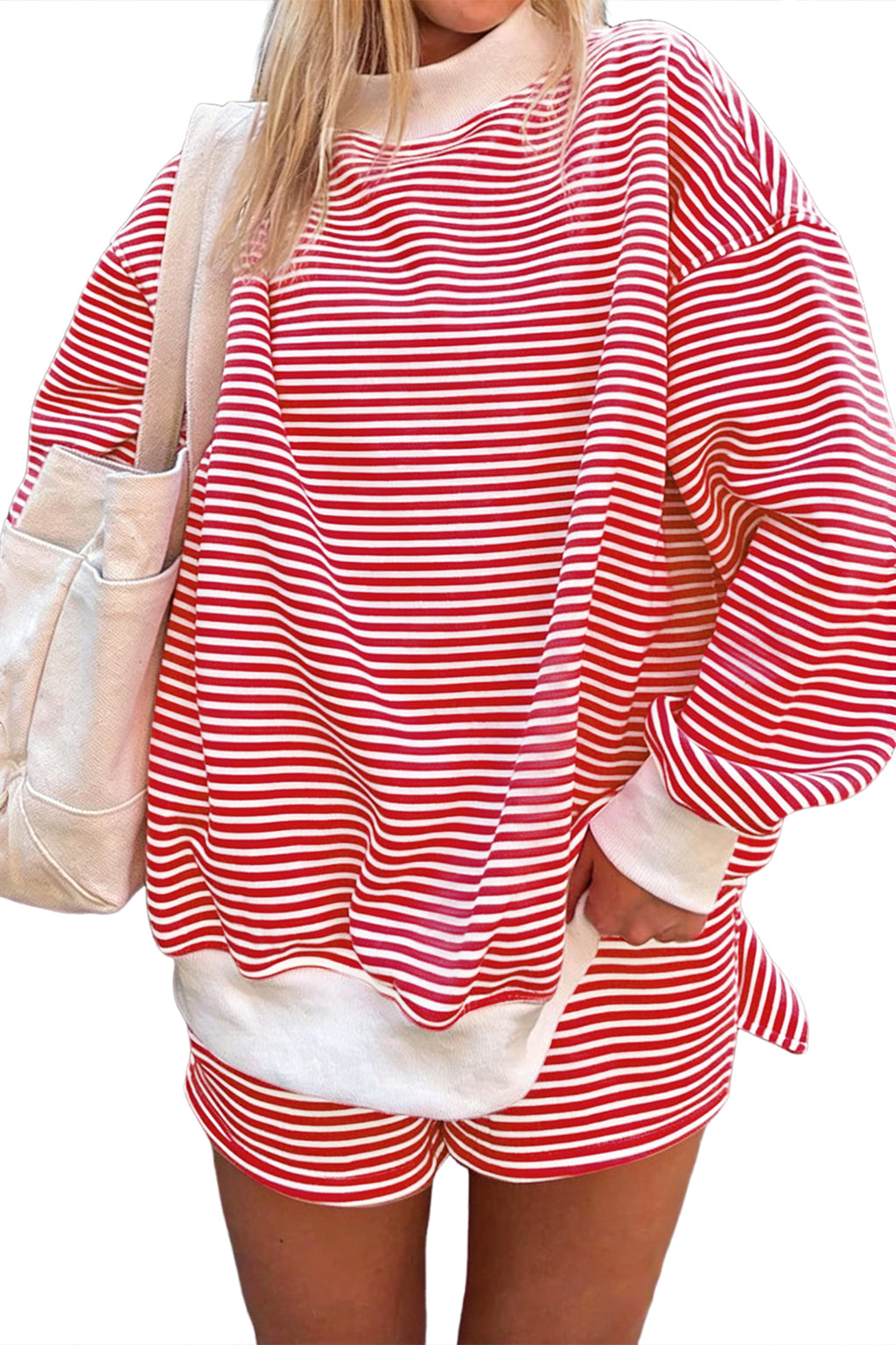 Stripe Oversize Mock Neck Sweatshirt and Shorts Set
