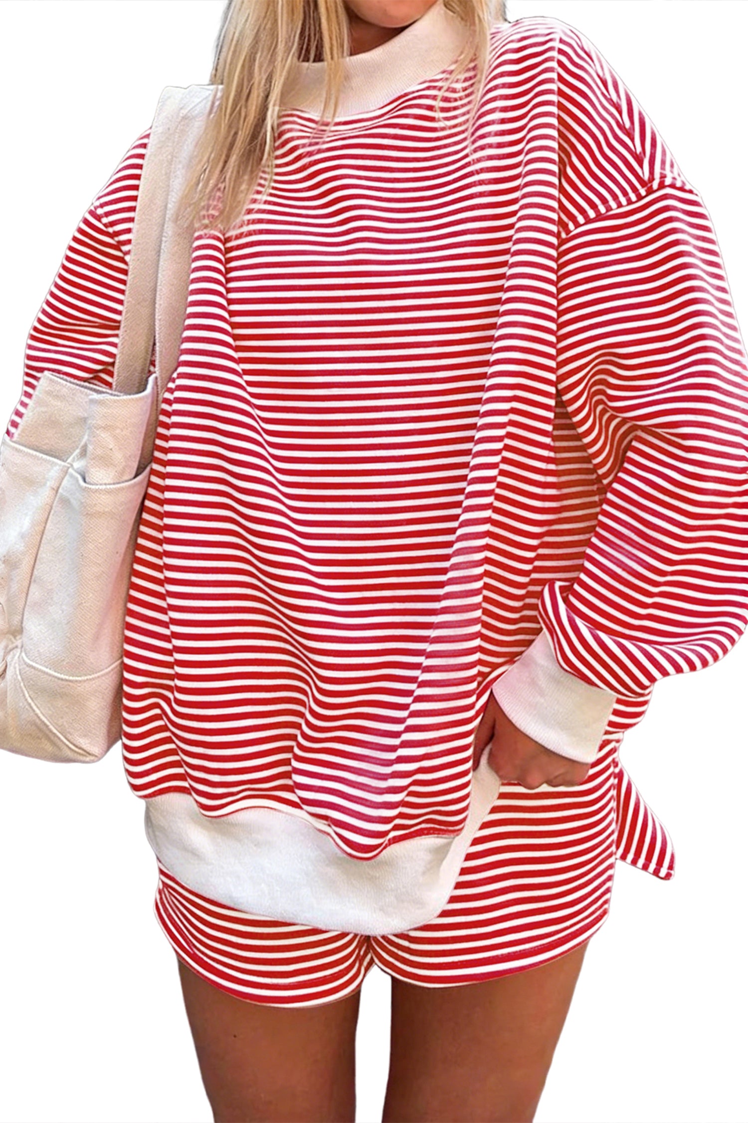 Stripe Oversize Mock Neck Sweatshirt and Shorts Set