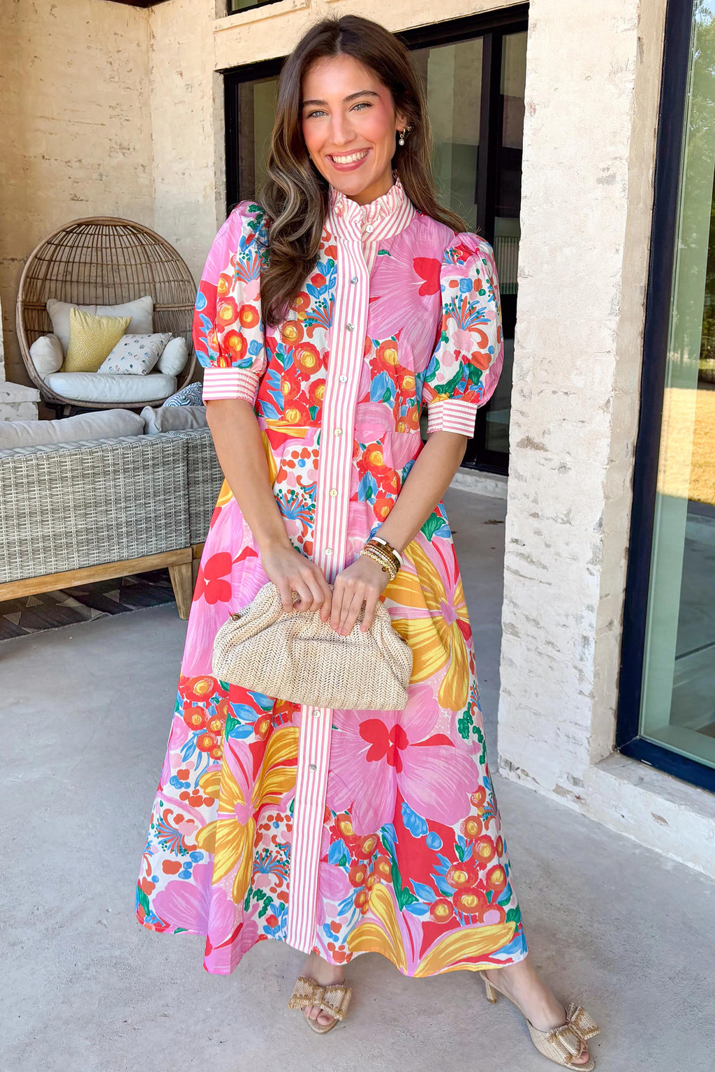 Floral Print Button Down Short Sleeve Dress