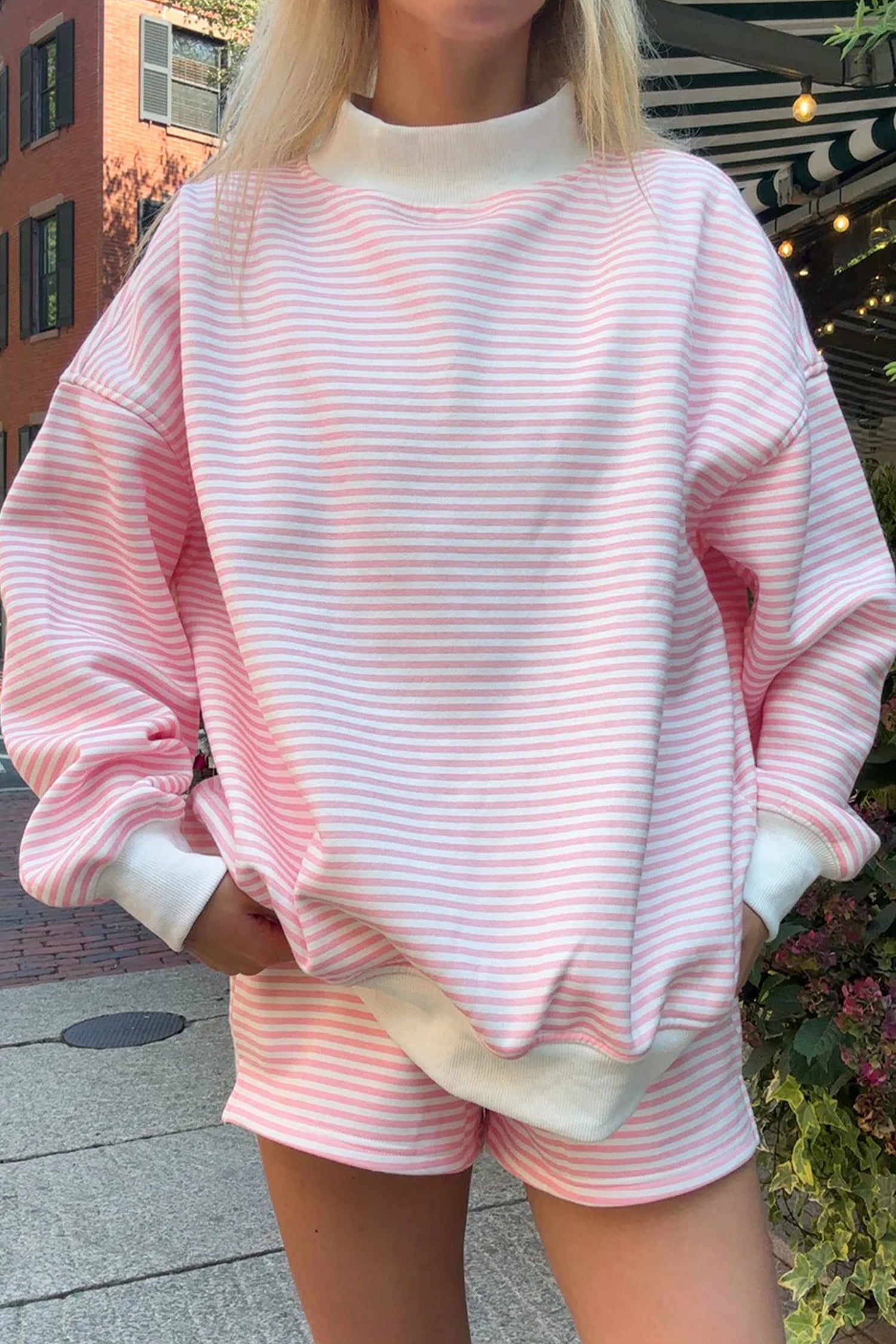 Stripe Oversize Mock Neck Sweatshirt and Shorts Set
