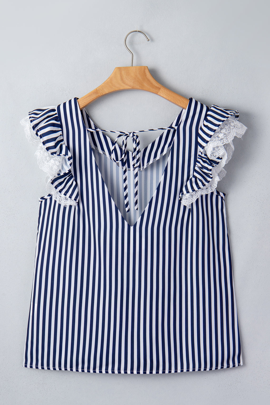 Stripe V Neck Lace Contrast Ruffle Trim Tank Top
