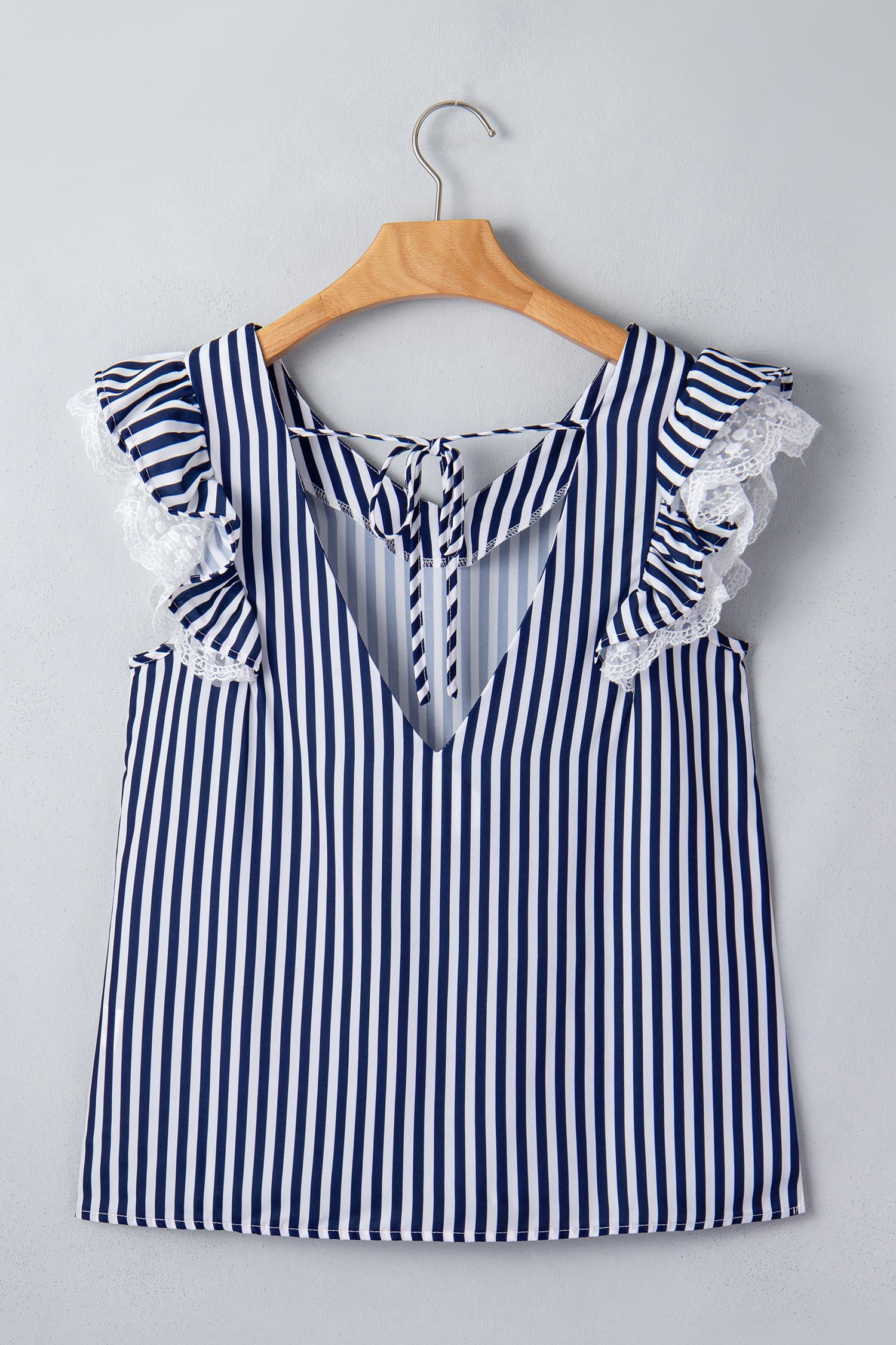 Stripe V Neck Lace Contrast Ruffle Trim Tank Top