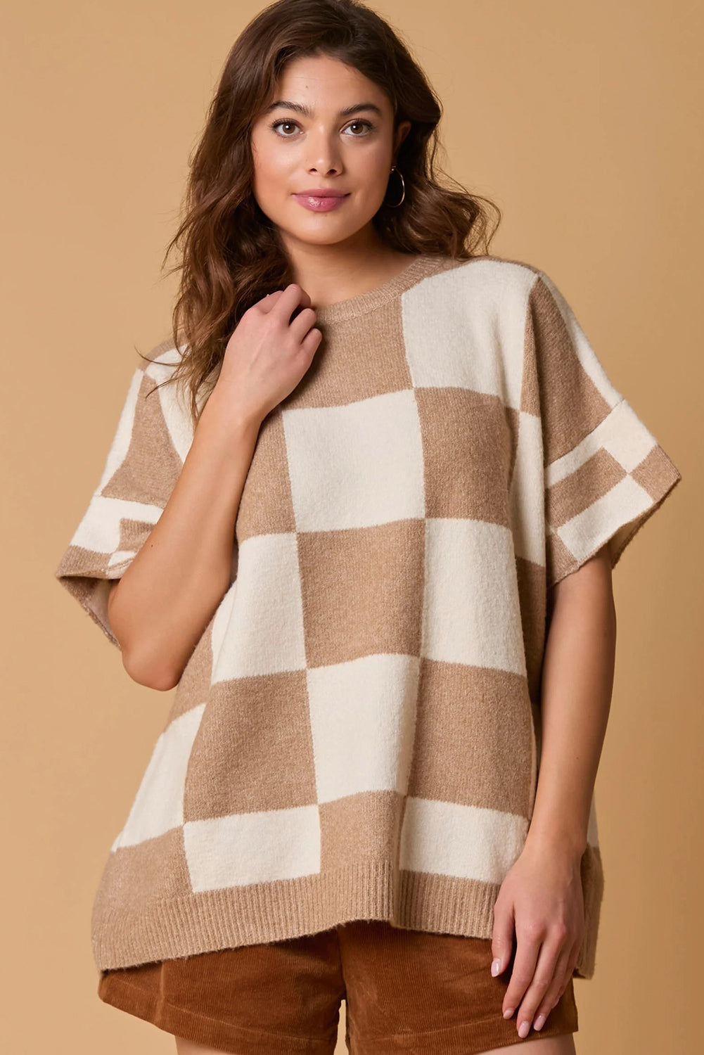 Checkered Pattern Loose Short Sleeve Sweater