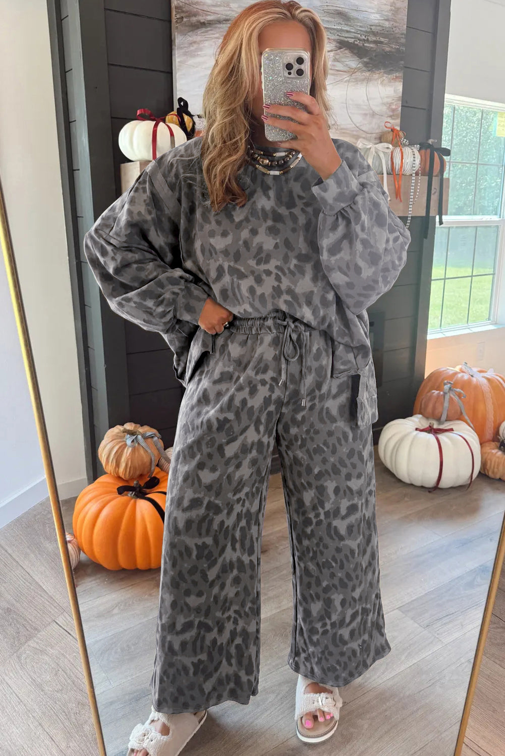 Leopard Print Pullover Drawstring Loose Pants Set