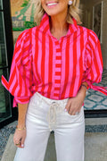 Stripe Tie Puff Sleeve Womens Button Down Shirt