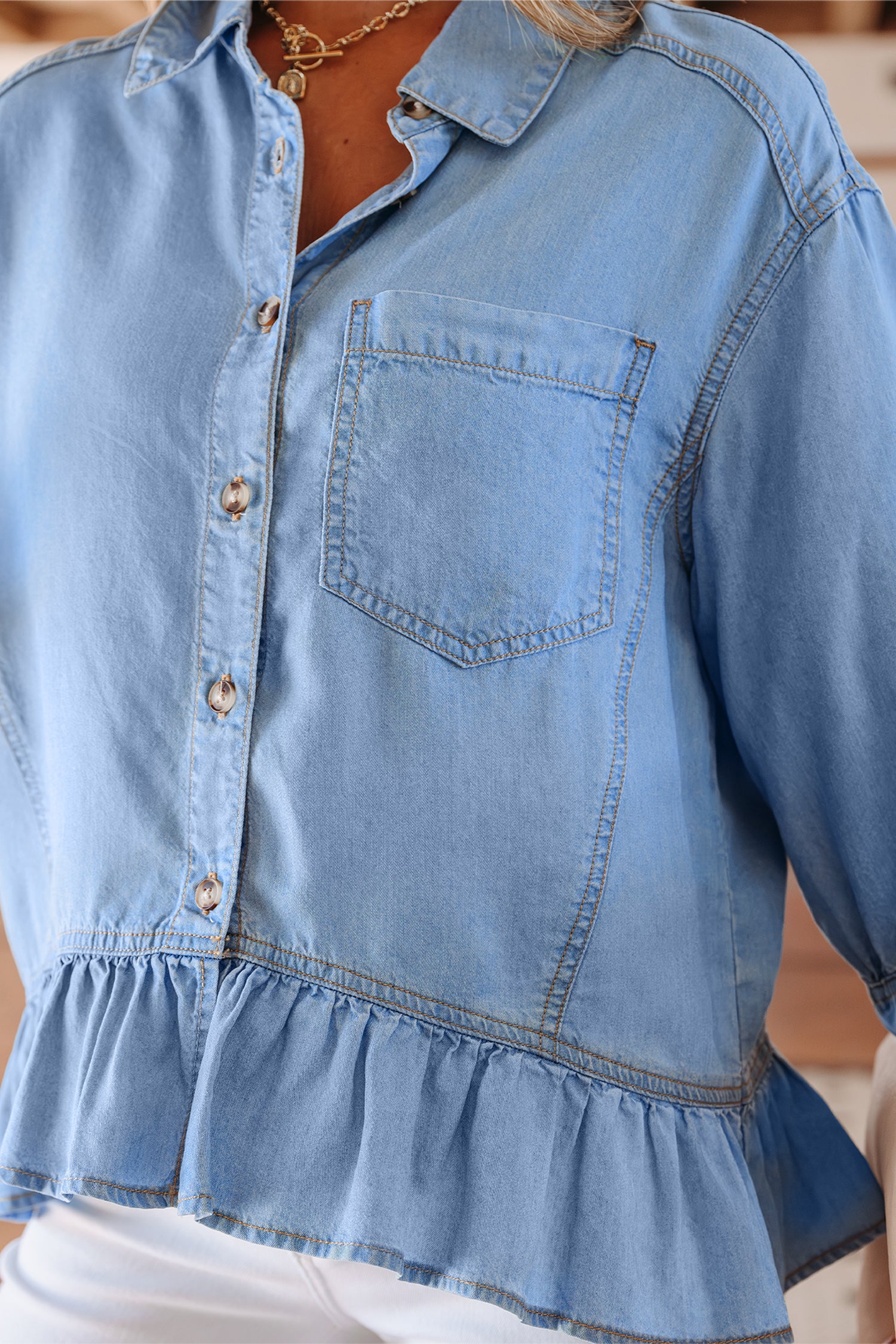 Half Sleeve Button Down Ruffled Chambray Shirt
