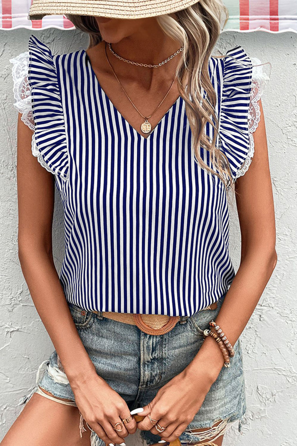 Stripe V Neck Lace Contrast Ruffle Trim Tank Top