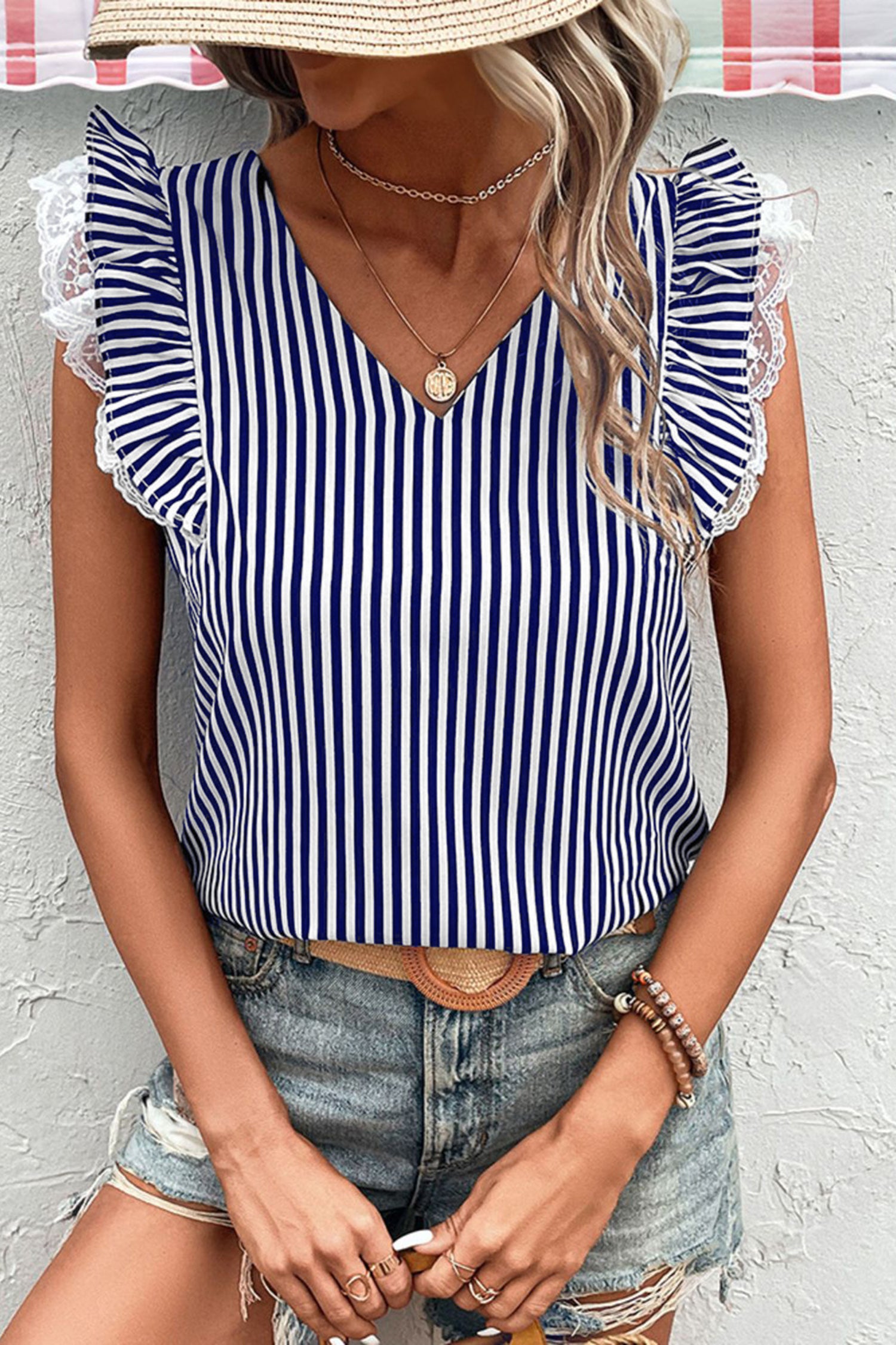 Stripe V Neck Lace Contrast Ruffle Trim Tank Top
