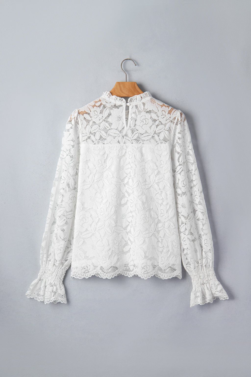 White Ruffled Long Sleeve Sheer Lace Top