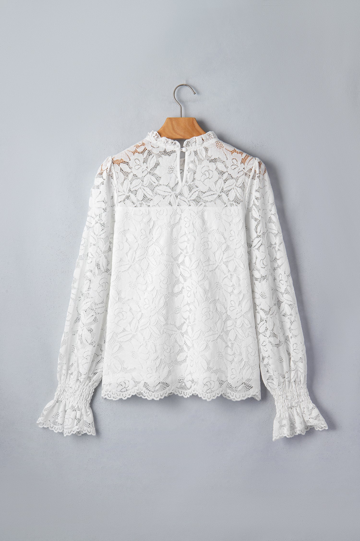White Ruffled Long Sleeve Sheer Lace Top