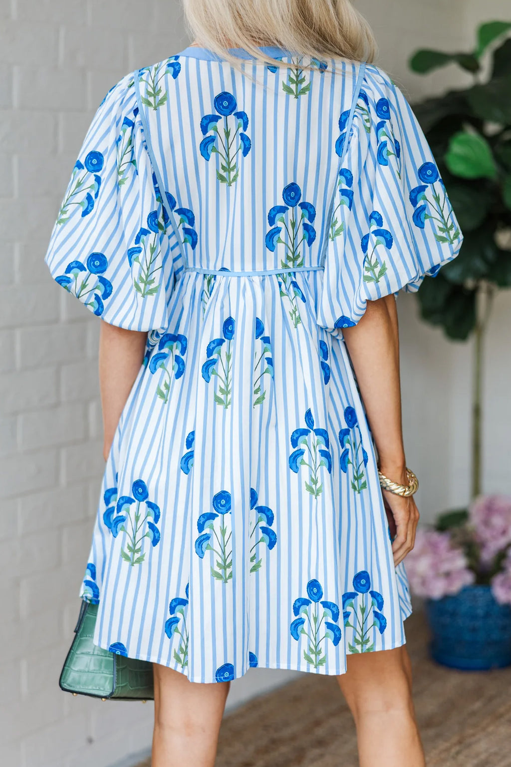 Floral Striped Print Tie Notched Neck Puff Sleeve Flared Mini Dress