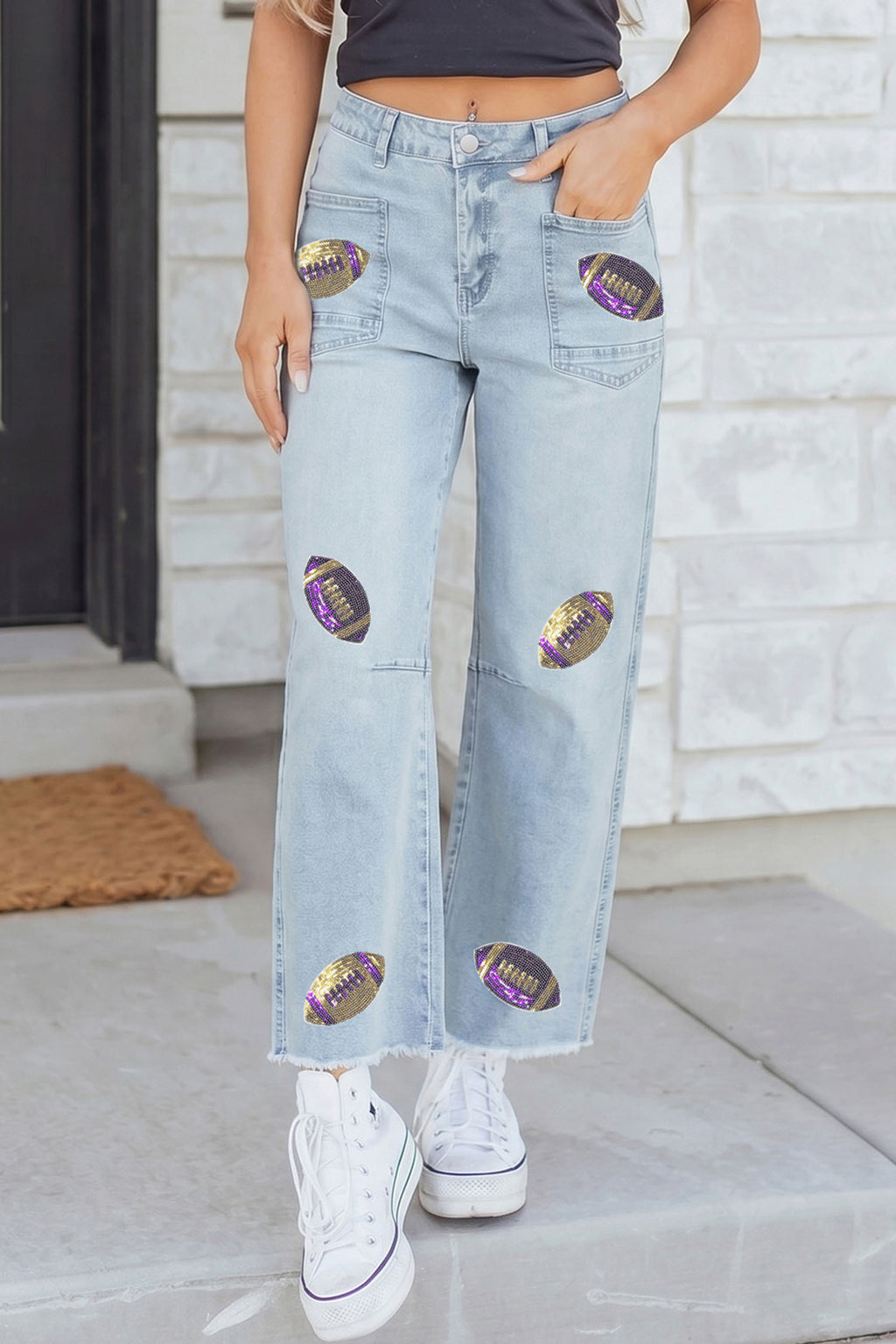 Sequin Rugby Patch Ankle Length Casual Jeans