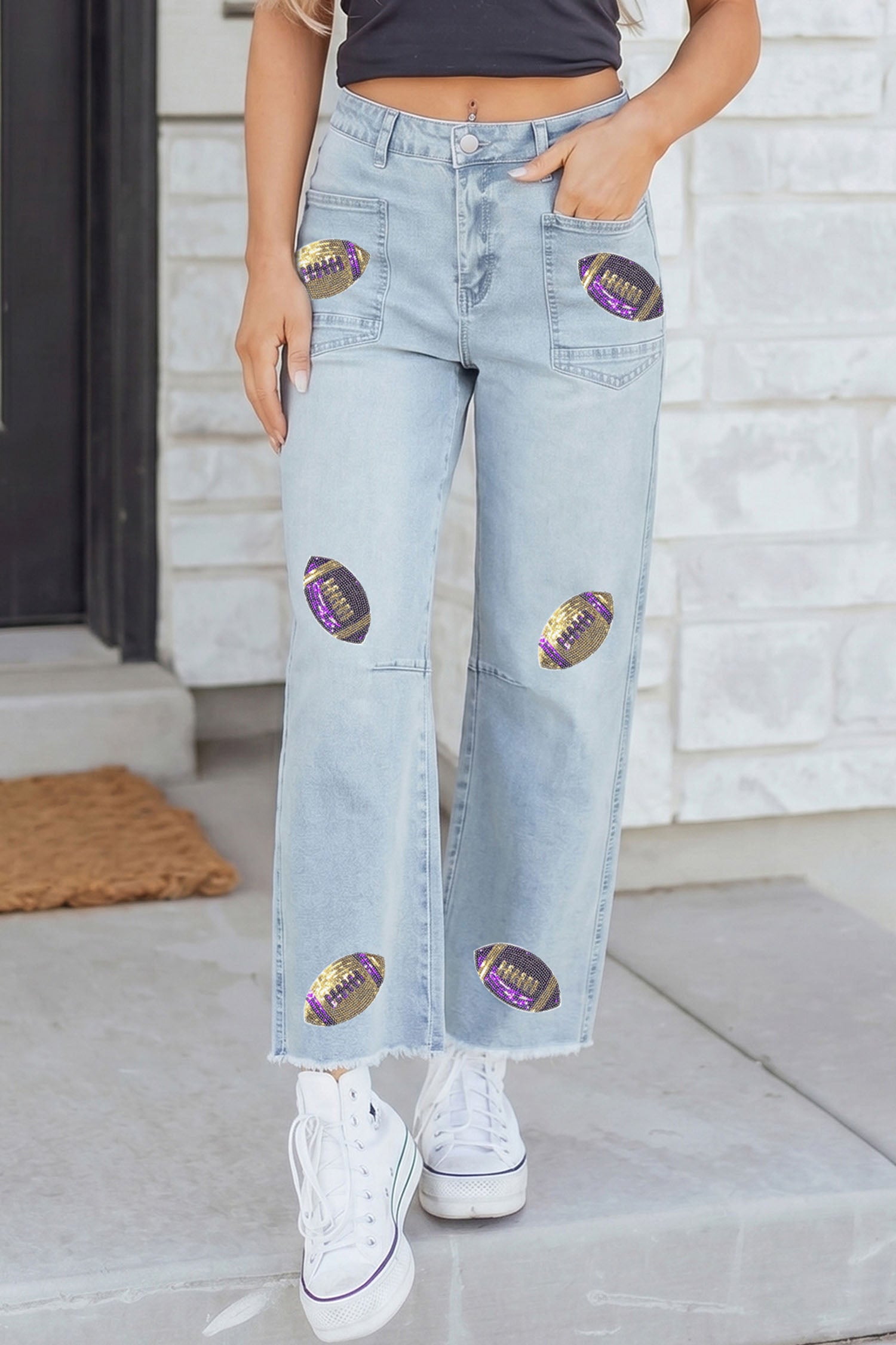 Sequin Rugby Patch Ankle Length Casual Jeans