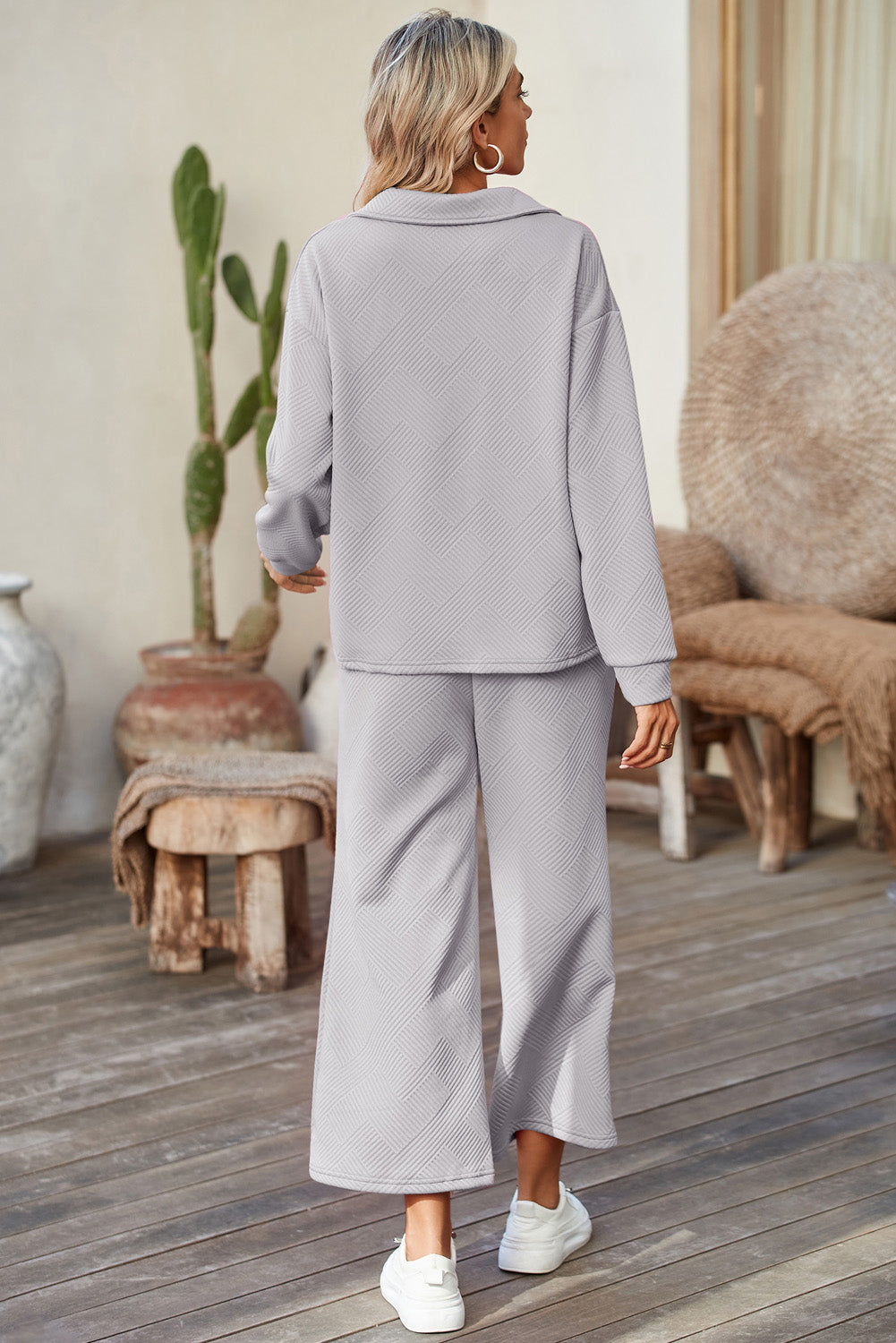 Textured Collared Pants Set