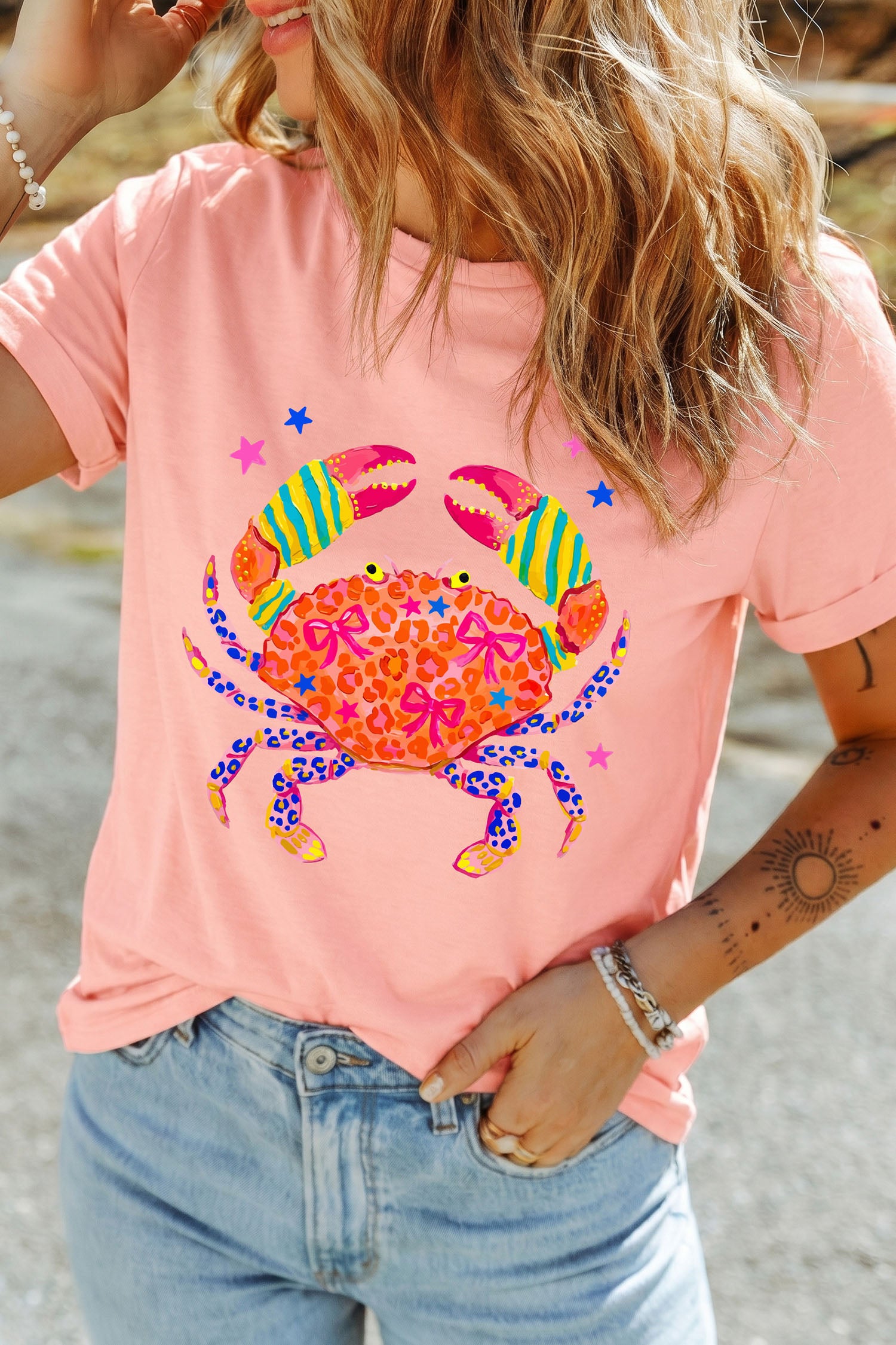 Crab Print Casual Round Neck T Shirt