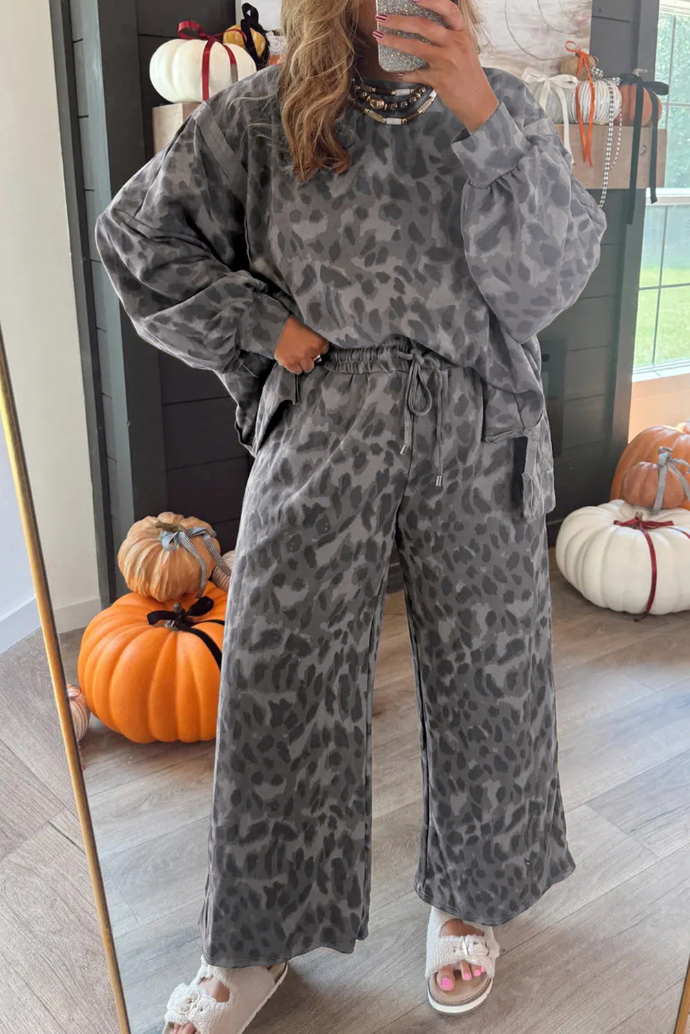 Leopard Print Pullover Drawstring Loose Pants Set