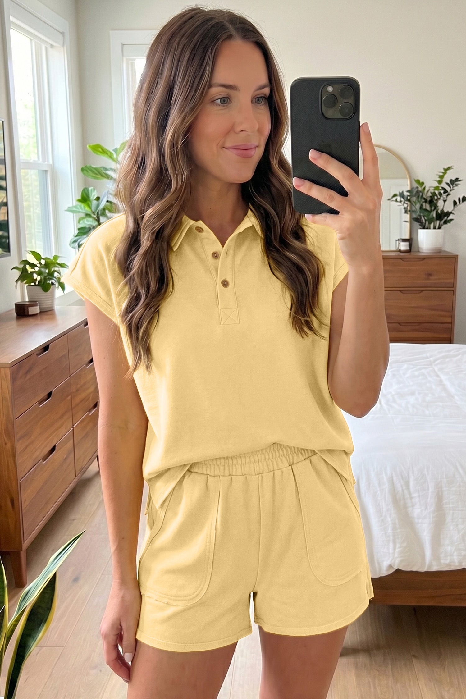 Light Green Loose Polo Tee Elastic Waist 2pcs Short Set