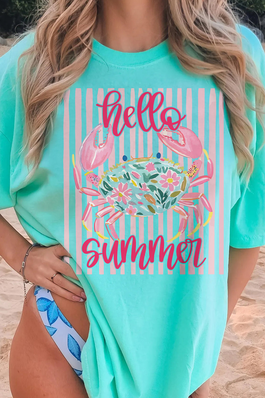 Hello Summer Crab Print Loose Fit Short Sleeve T-Shirt