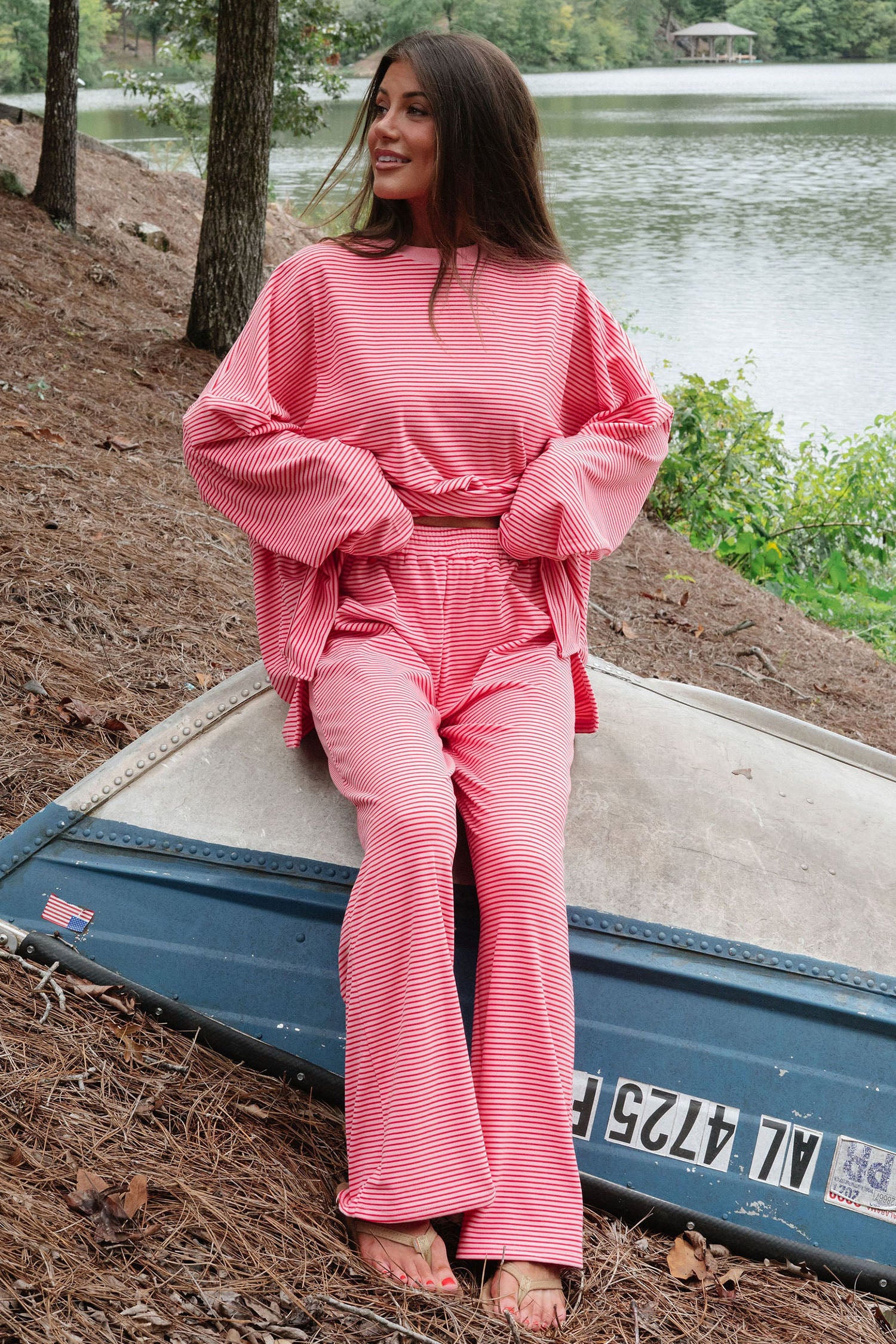 Stripe Striped Drop Shoulder Long Sleeve Pant Set