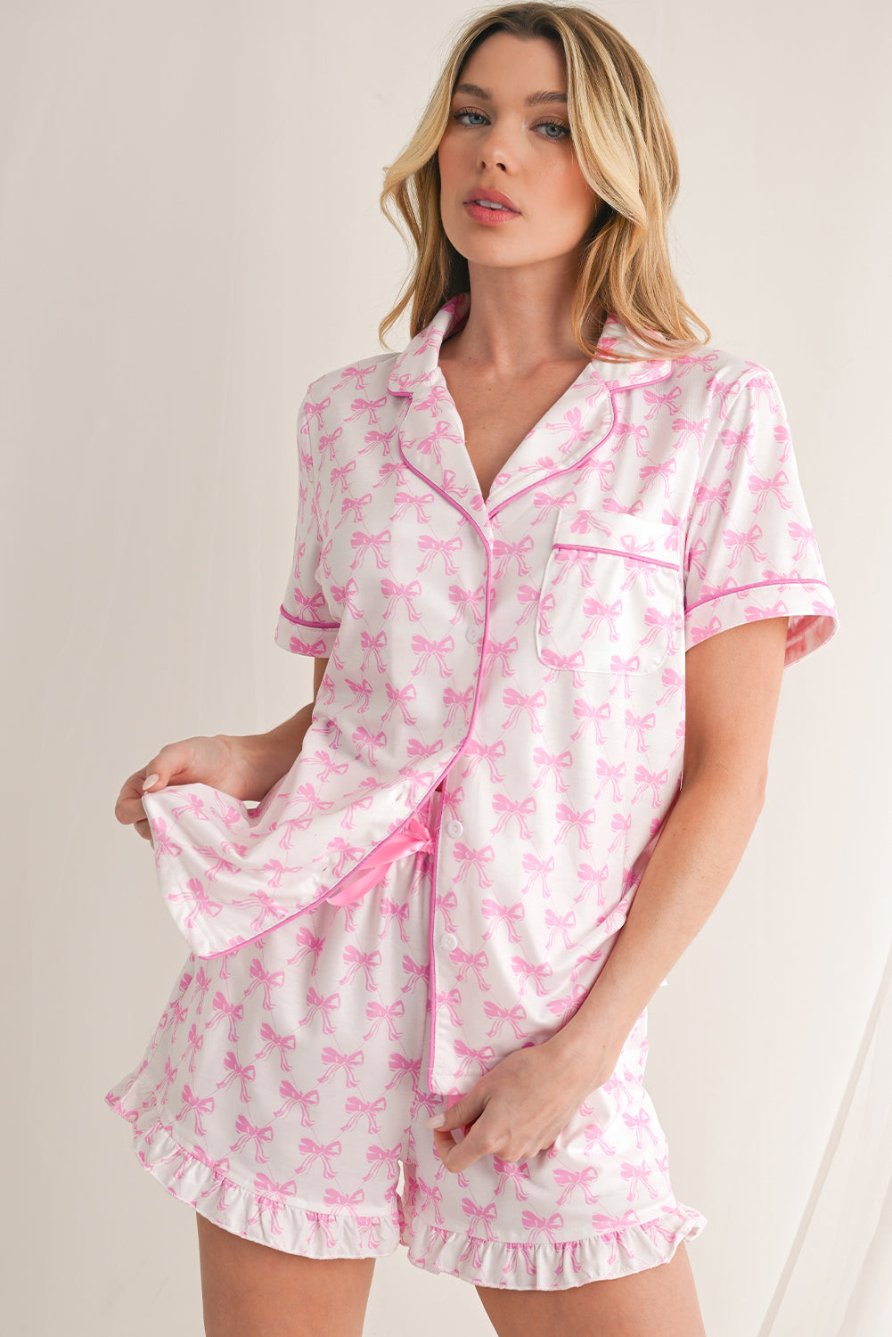 Bow Shirt and Ruffle Hem Shorts Pajama Set