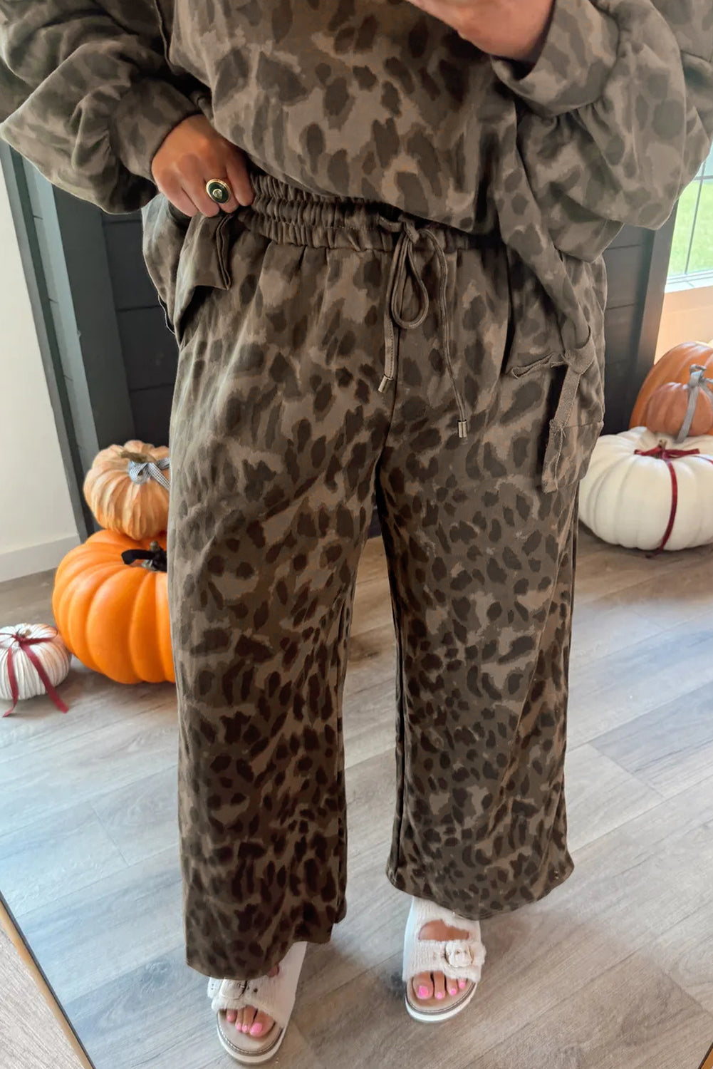 Leopard Print Pullover Drawstring Loose Pants Set