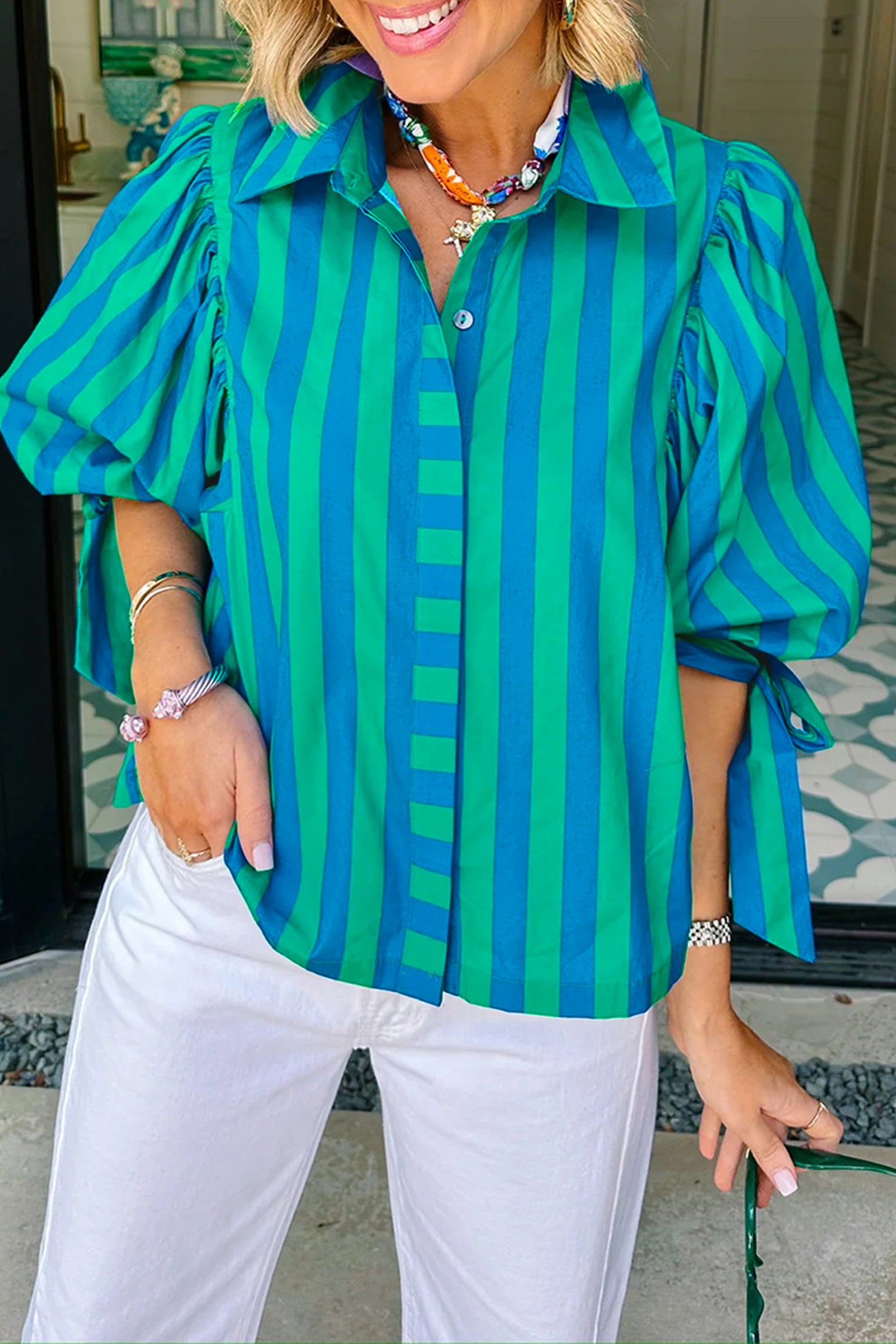 Stripe Tie Puff Sleeve Womens Button Down Shirt