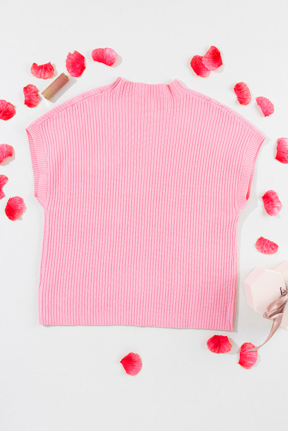 Gray Patch Pocket Ribbed Knit Short Sleeve Sweater